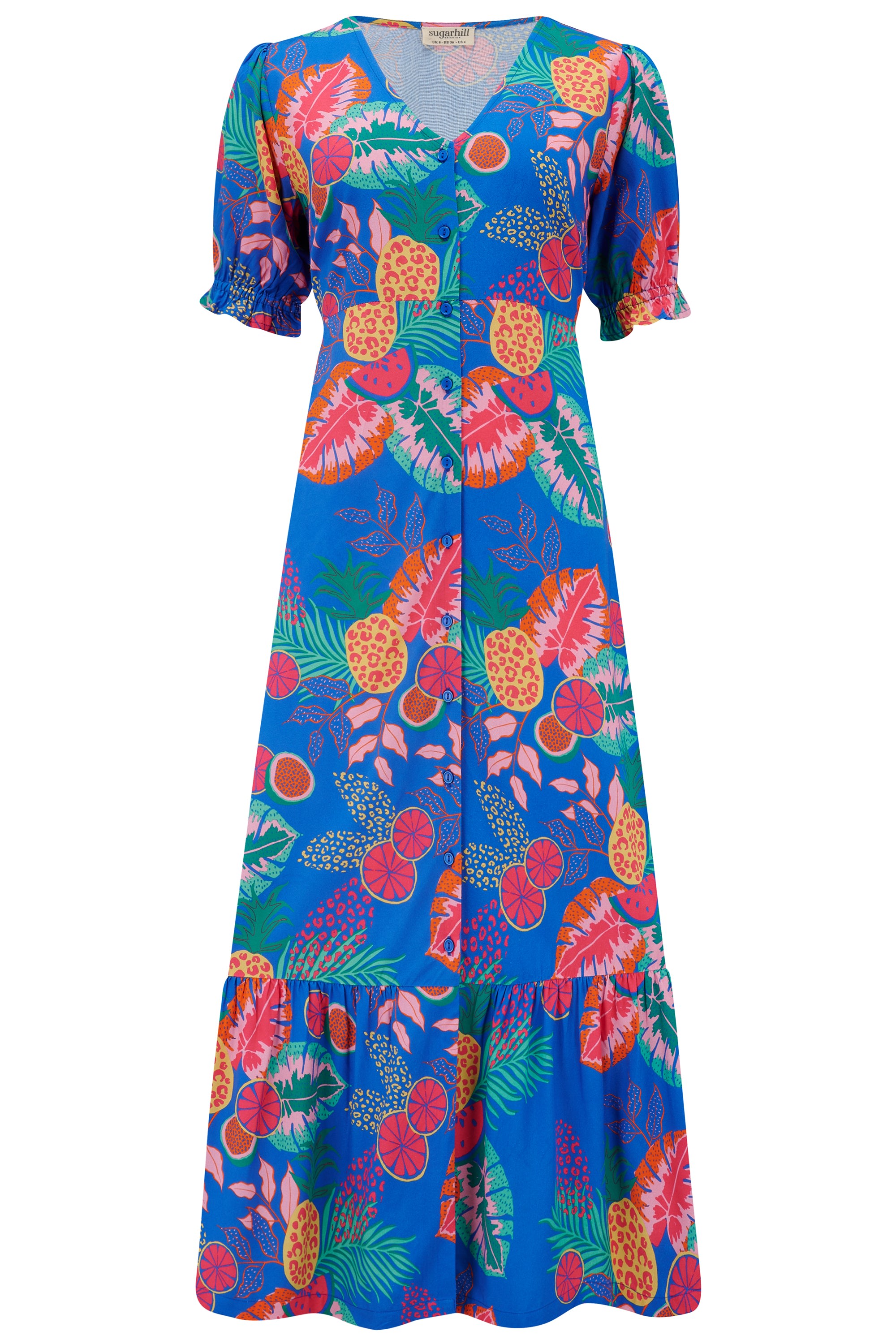 Sugarhill Brighton Women's Maddox Tiered Midi Dress Multi, Tropical Fruits In Blue
