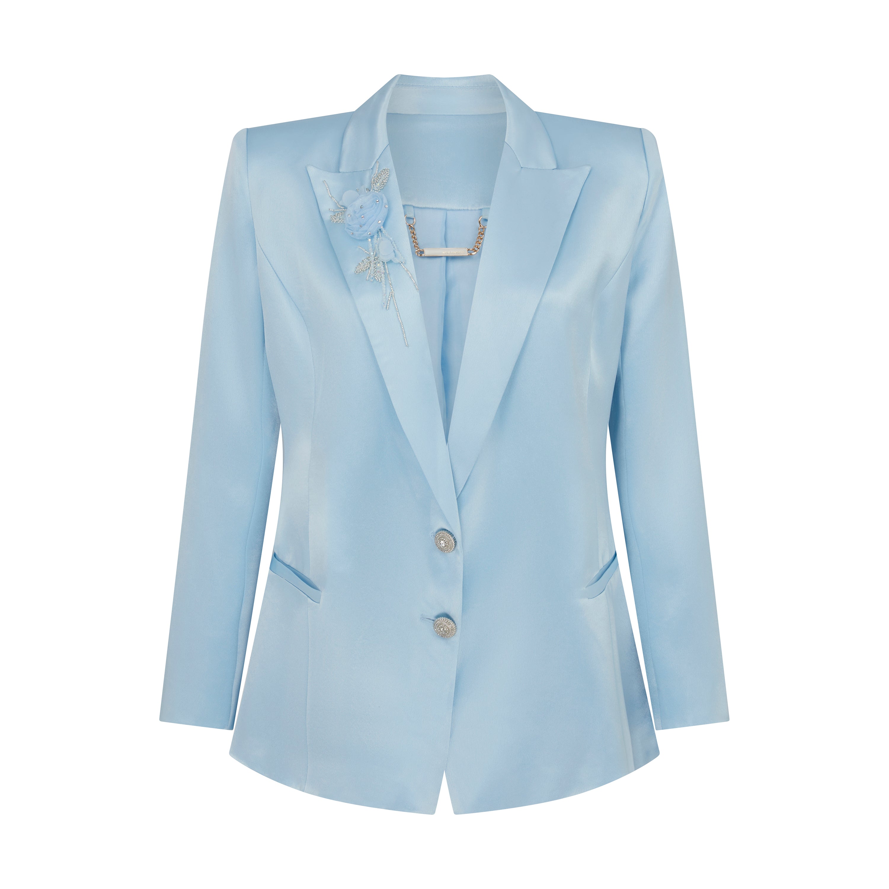 Embellished Satin Blazer Jacket In Baby Blue | SOUR FIGS | Wolf & Badger