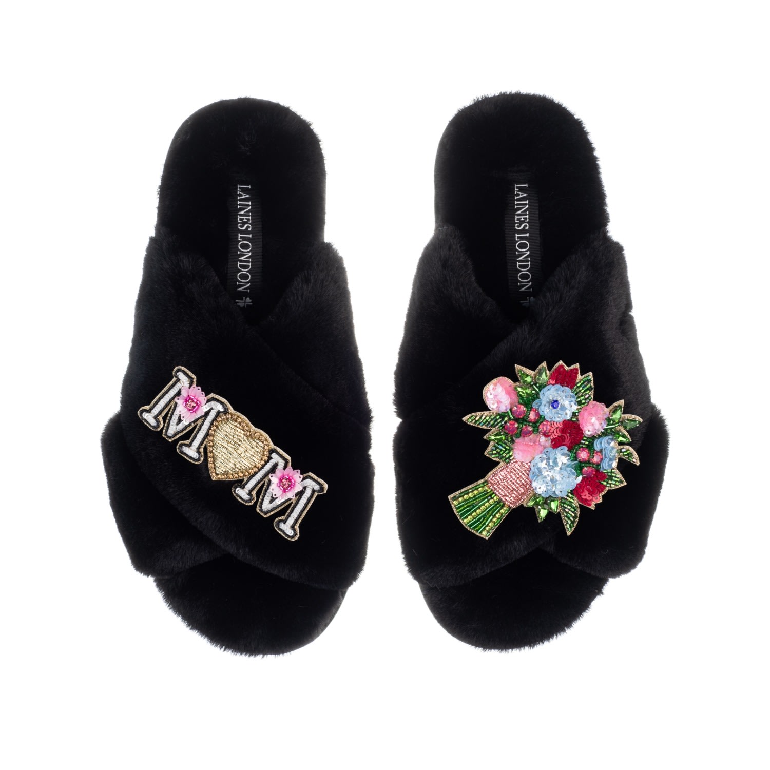 Women’s Classic Laines Mother’s Day Slippers With Floral Bouquet & Mum / Mom Brooches - Black Medium Laines London