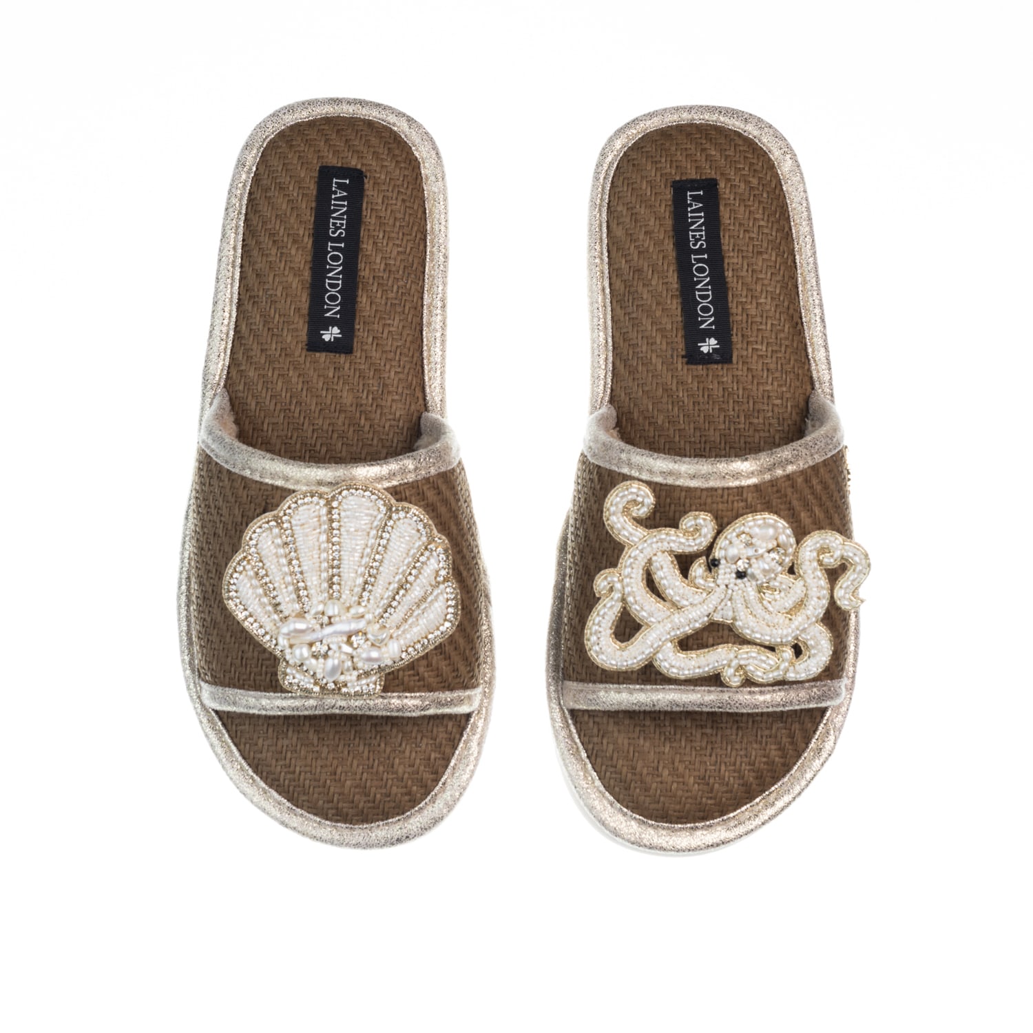 Women’s Brown Straw Braided Sandals With Beaded Shell & Octopus Brooches - Caramel Small Laines London