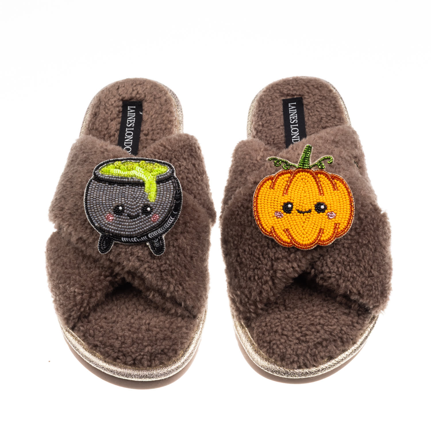 Laines London Women's Brown / Neutrals Boucle Slippers With Limited Edition Laines Loveables Pumpkin & Cauldron Ha In Brown