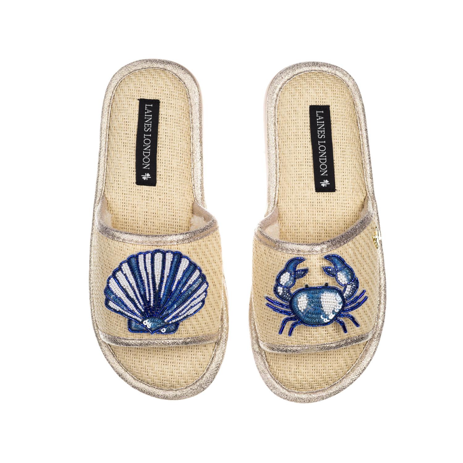 Laines London Women's White Straw Braided Sandals With Mediterranean Blue Shell & Crab Brooches - Cream In White