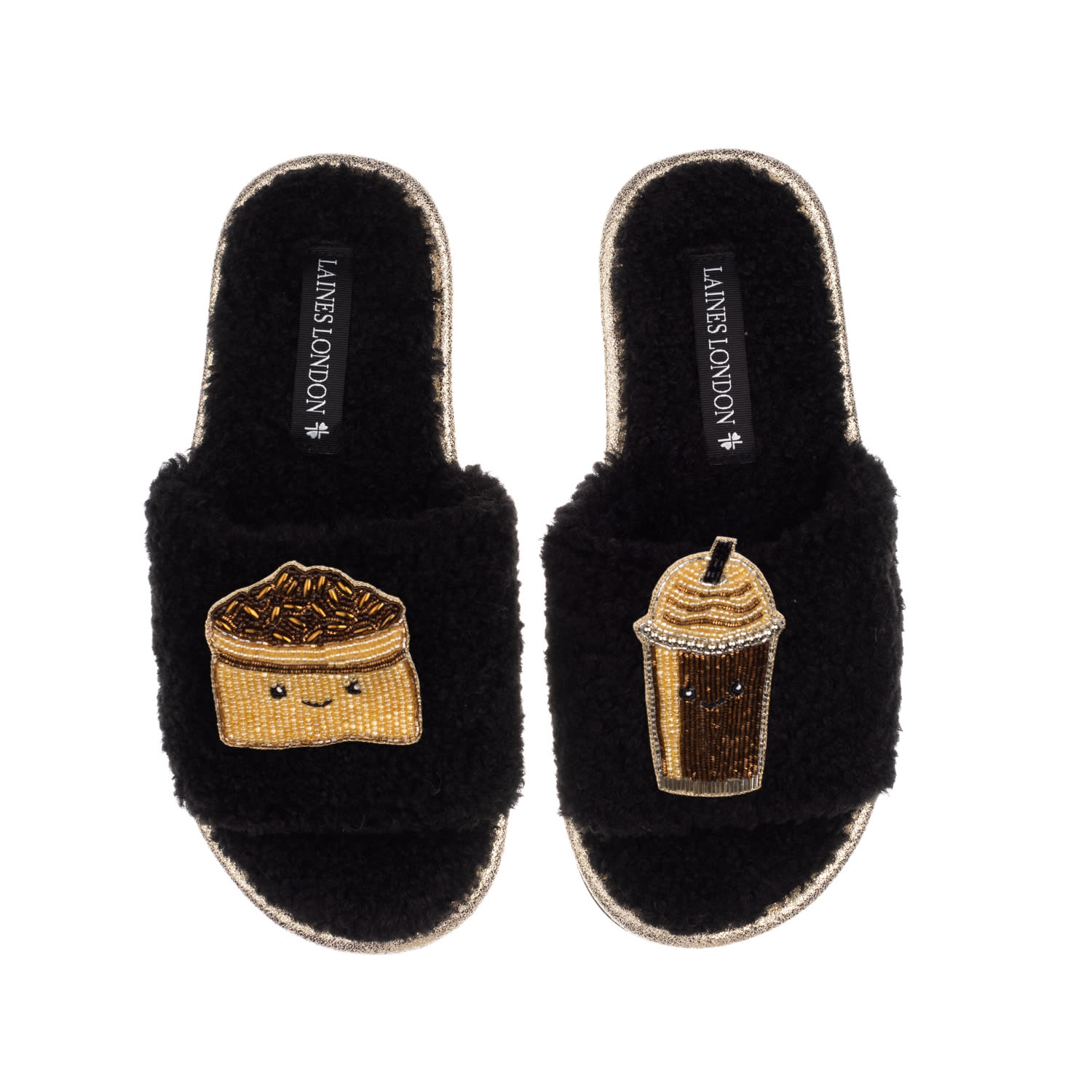 Laines London Women's Teddy Slider Slippers With Laines Loveables Coffee Beans & Frappe Brooches - Black In Black