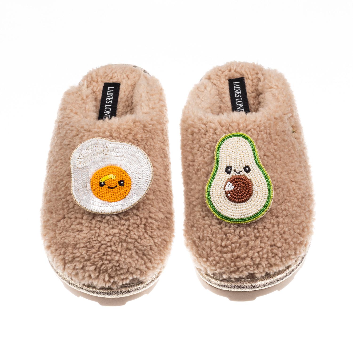 Laines London Women's Brown / Neutrals Teddy Closed Toe Slippers With Laines Lovables Egg & Avocado Brooches - Tof In Brown