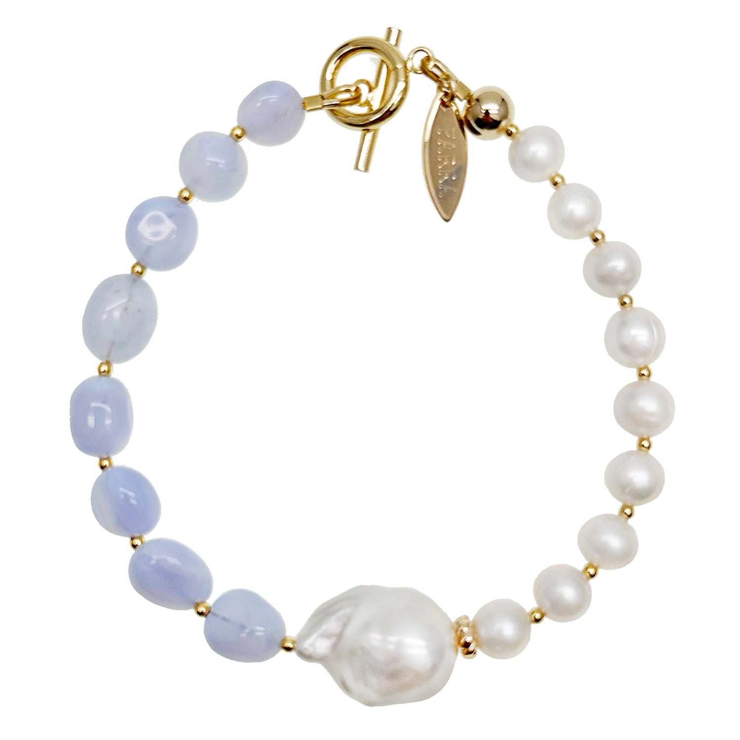 Farra Women's White / Blue Baroque Pearl With Blue Lace Agate Bracelet In Purple