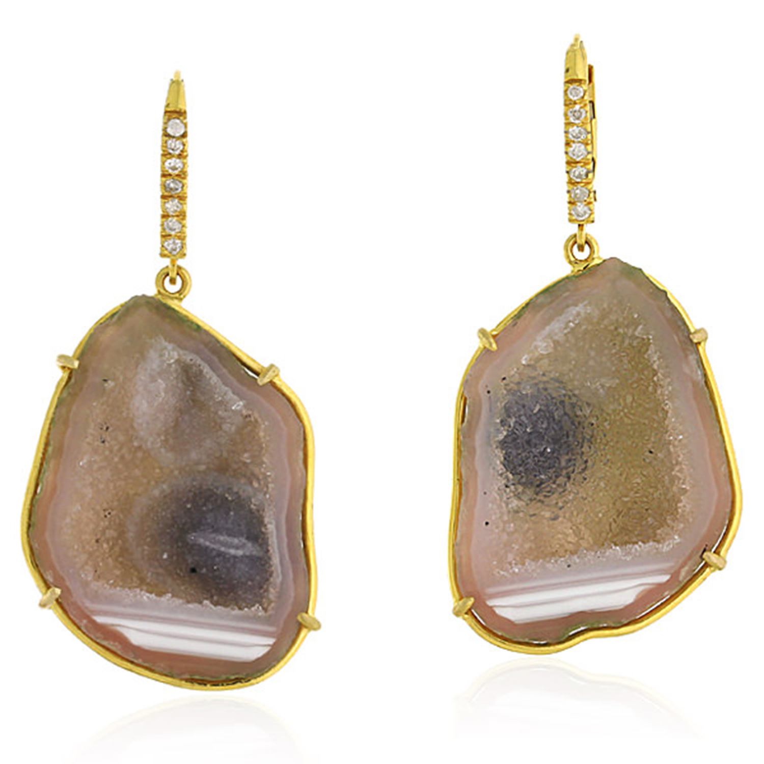 Artisan Women's White / Brown / Gold "gold Geode Slice With Pave Diamond Ear Hooks Drop Earrings "