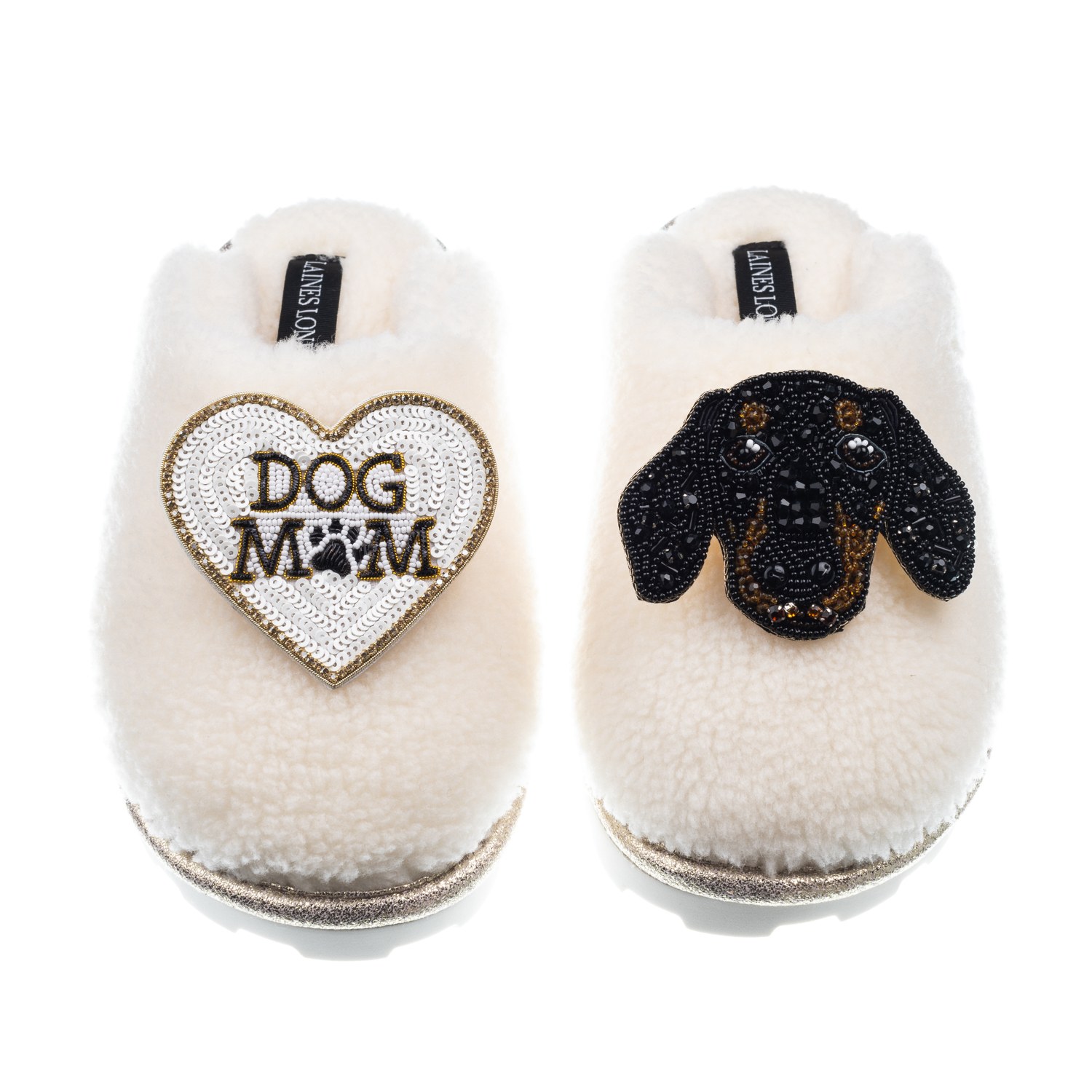 Laines London Women's White Teddy Closed Toe Slippers With Little Sausage & Dog Mum / Mom Brooches - Cream