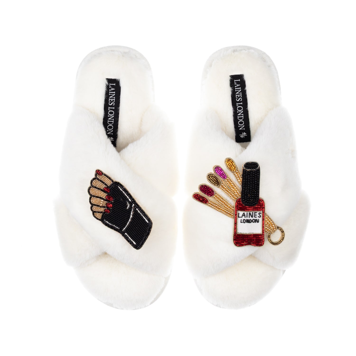 Women's Neutrals / White Classic Laines Slippers With Olive Nail Tech Brooches - Cream | Extra Large | Laines London