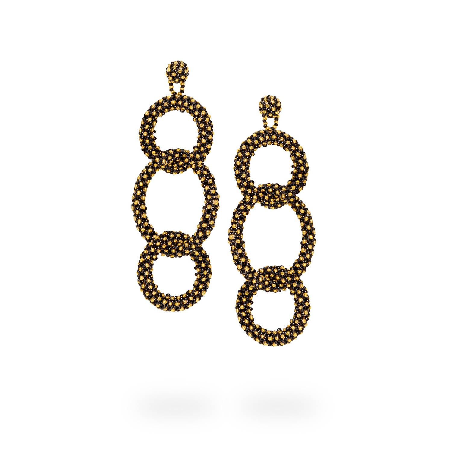 Women’s Three-Looped Hoop Earrings - Black Crystal, Gold Kuu