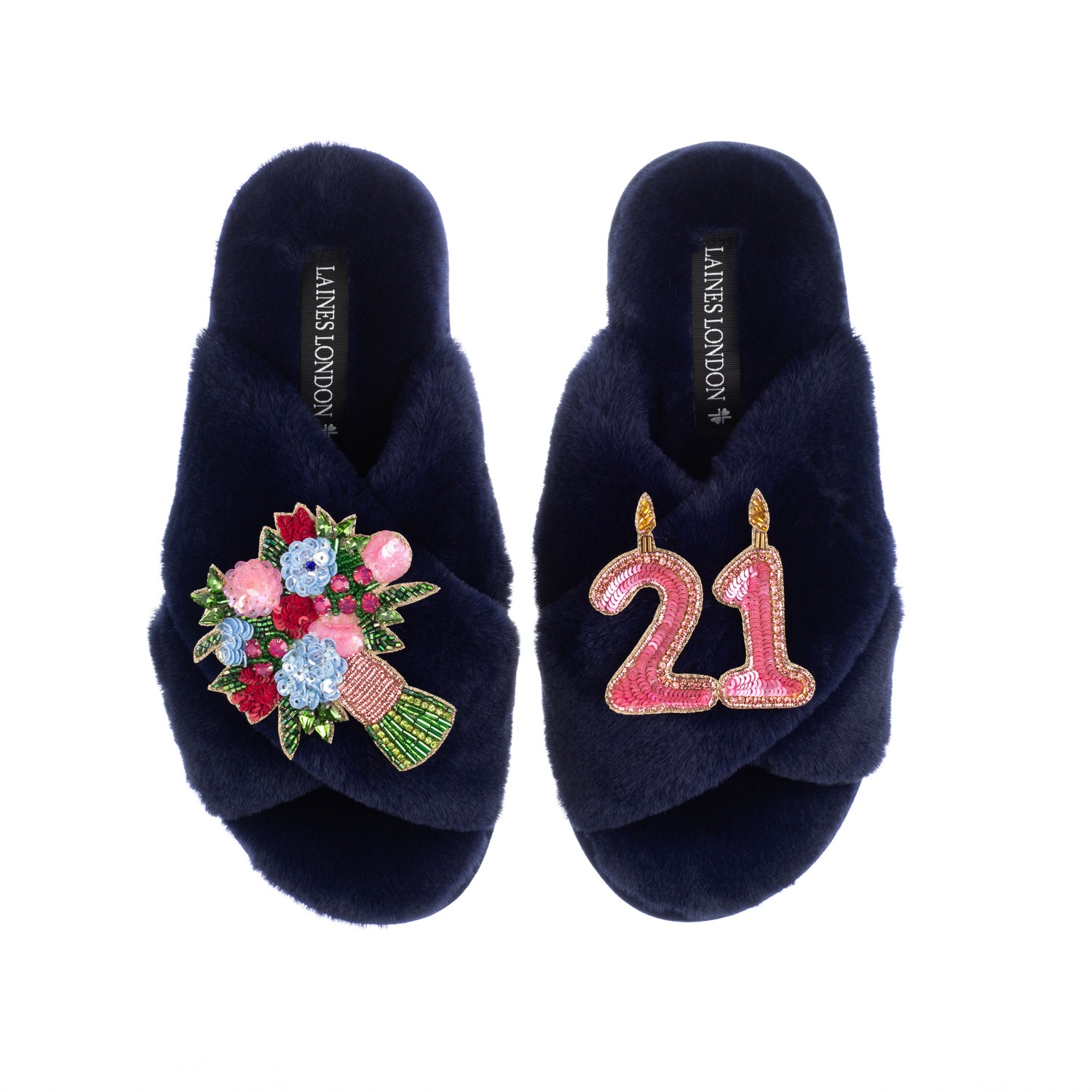 Laines London Women's Blue Classic Laines Slippers With 21st Birthday & Flowers Brooches - Navy In Blue