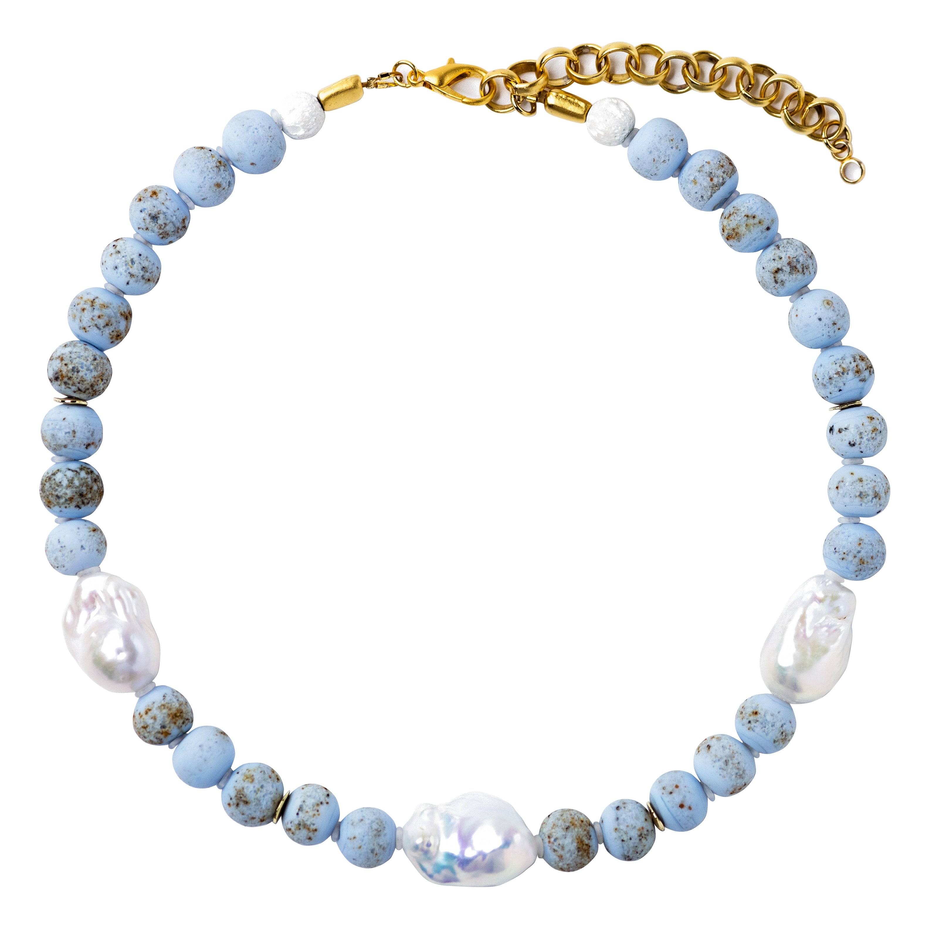 Bombyx House Women's Gold / Blue / White Baroque Pearl & Blue Ceramic Bead Necklace In Brown