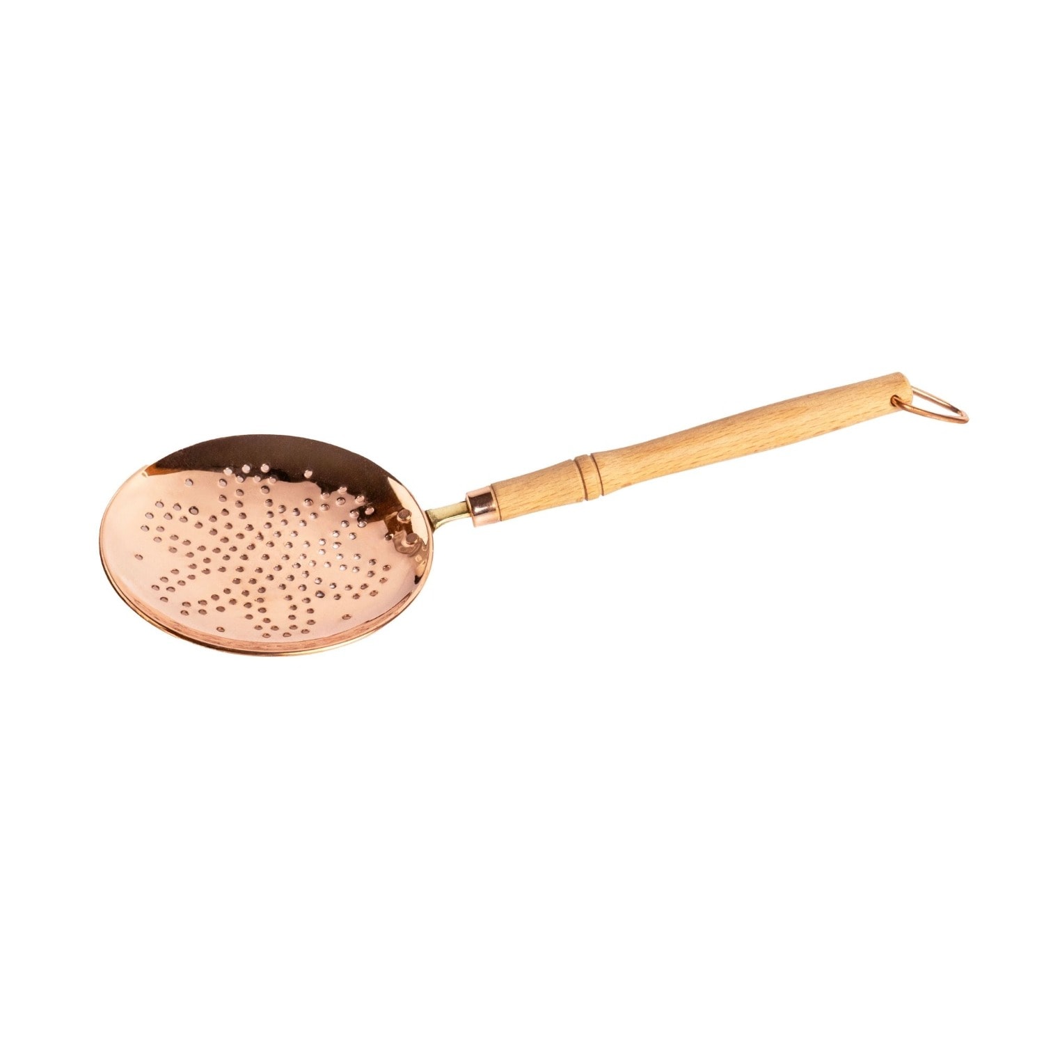 Anatoliacraft Brown / Neutrals Handmade Pure Copper Perforated Skimmer With Wooden Handle