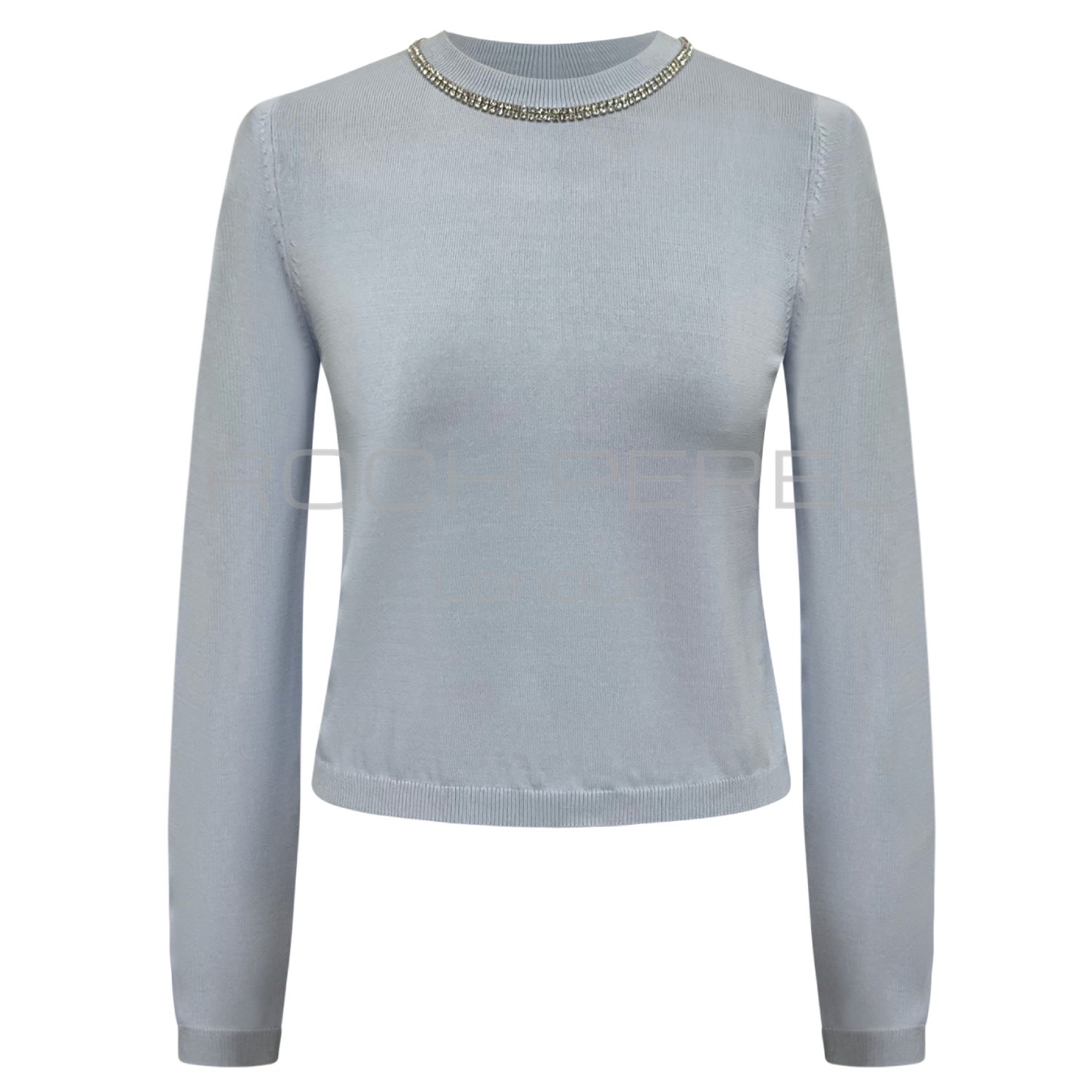 Roch Perel Women's Blue / Silver Rhinestone Neck Button Back Sweater In Blue/silver