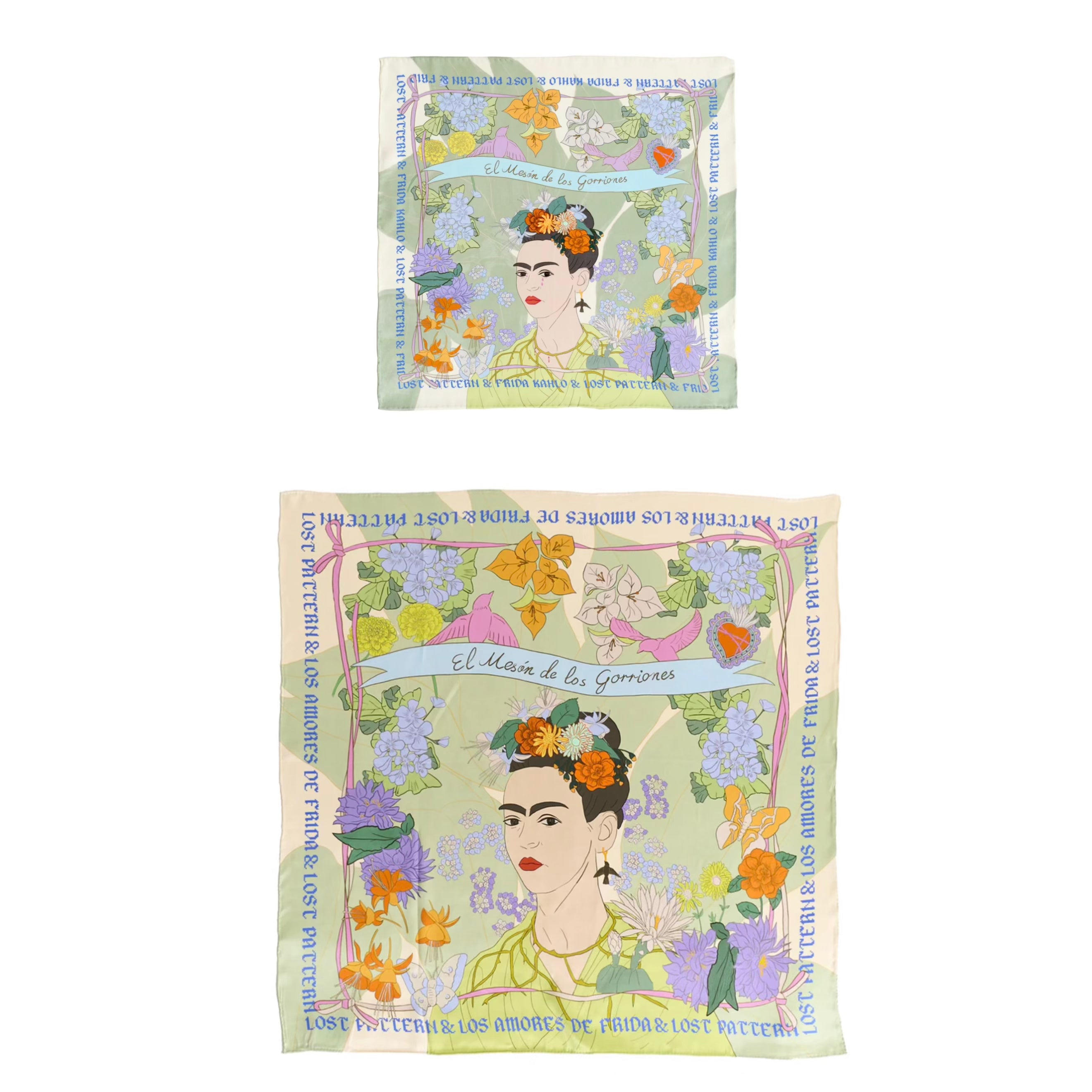 Lost Pattern Nyc Women's Neutrals / Green Frida X Lost Pattern Los Amores De Frida Silk Pocket Square & Large Silk Sc In Green