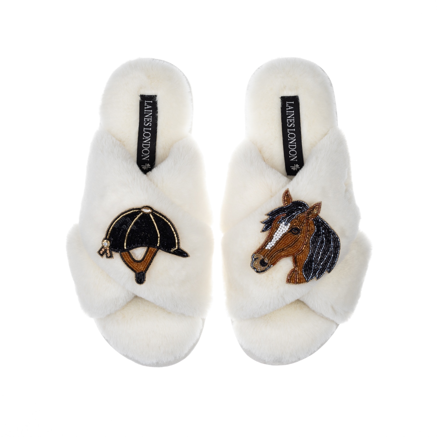 Laines London Women's White Classic Laines Slippers With Riding Hat & Horse Brooches - Cream In White
