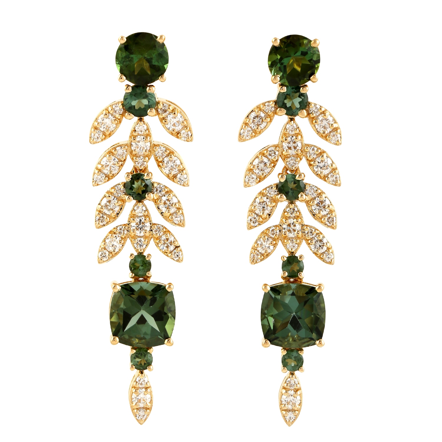 Artisan Women's White 18k Yellow Gold Green Tourmaline & Diamond Leaf Earrings In Green