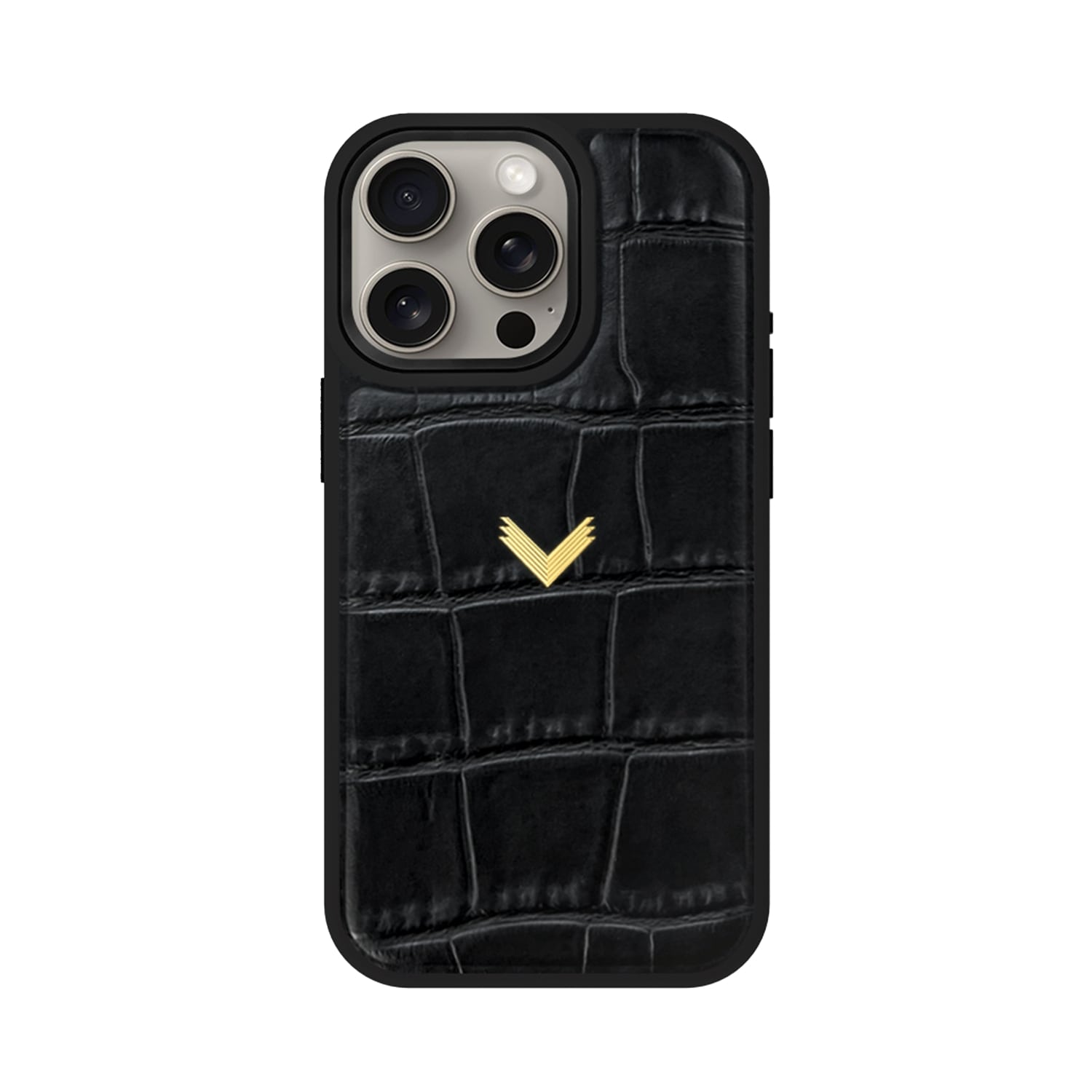Velante Calf Leather Phone Case, Crocodile Texture, Gold, Black Gm In Black