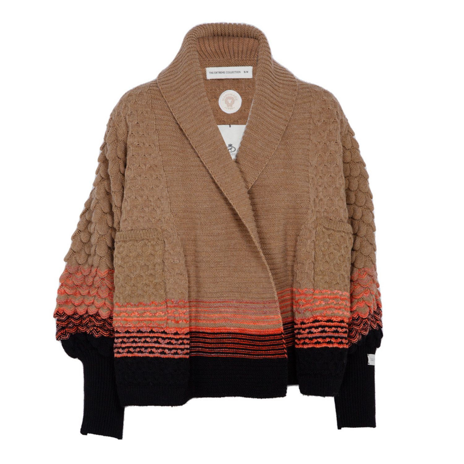 Women’s Brown Alpaca And Merino Wool Oversized Chunky Knit Short Cardigan Simonetta In Camel And Black S/M The Extreme Collection