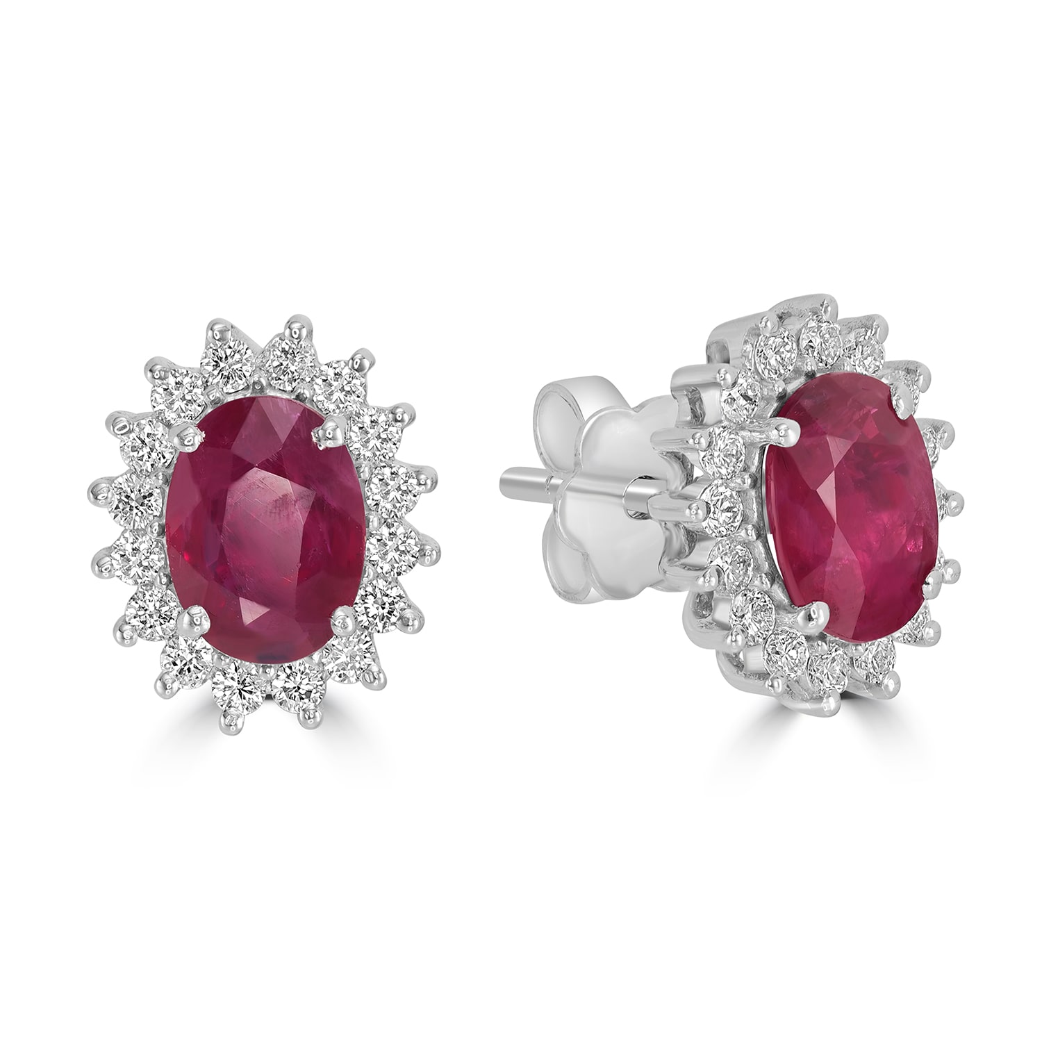 Artisan Women's White / Pink / Purple Pink Ruby Gemstone Prong Diamond Oval Stud Earrings In 18k White Gold