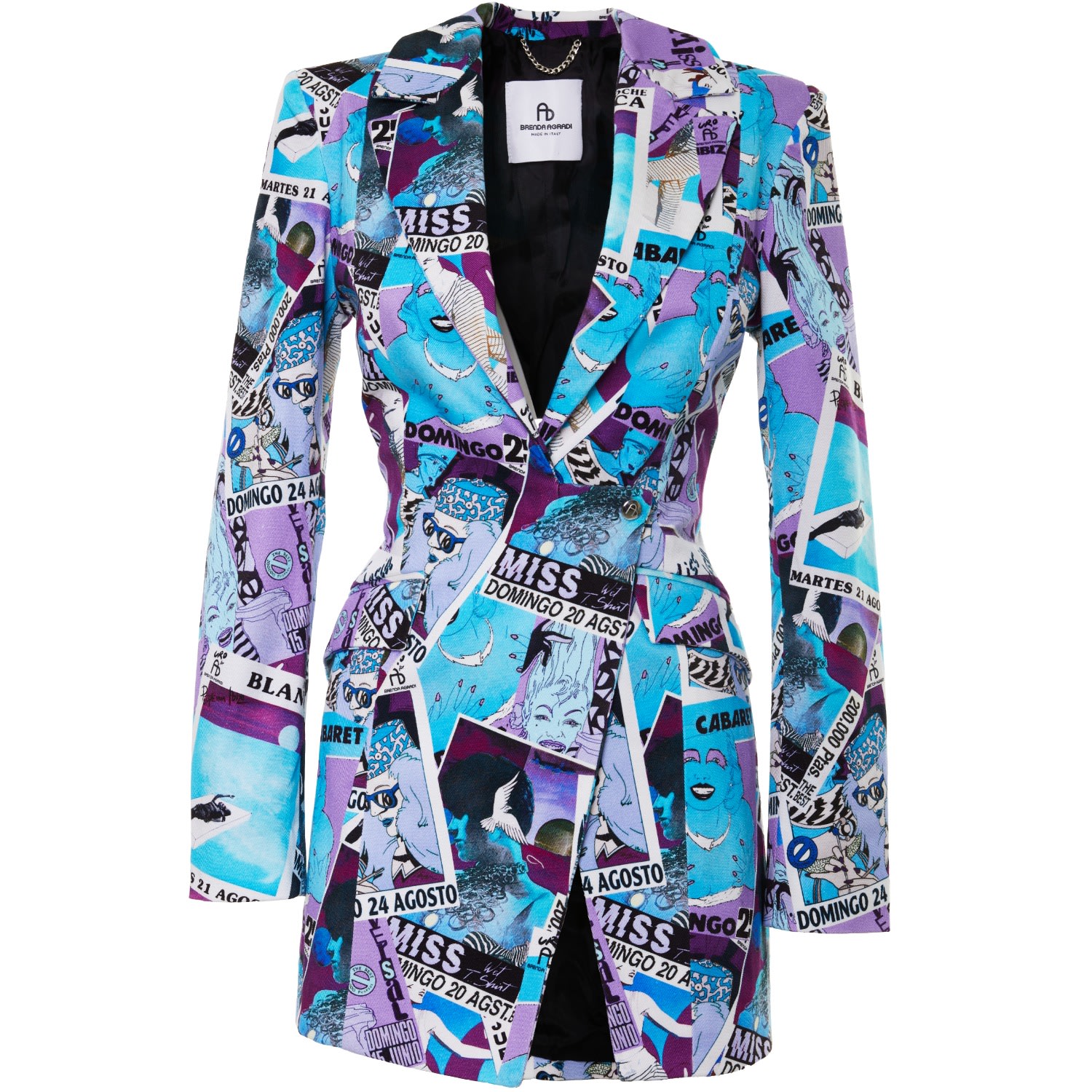 Brenda Agradi Women's Ibiza Style Blue Purple Printed Asymmetrical Blazer Jacket - Yves Uro Tribute