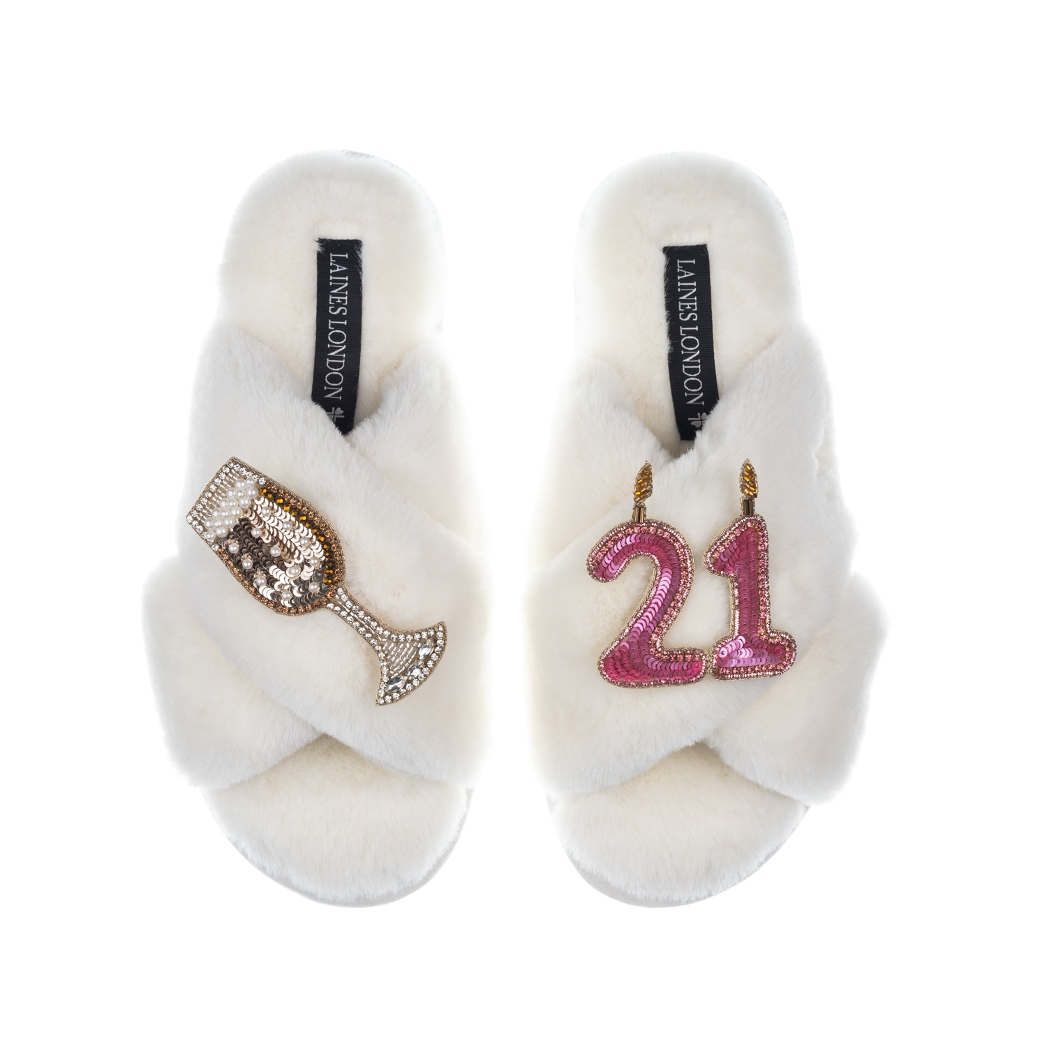 Women's White Classic Laines Slippers With 21St Birthday & Champagne Glass Brooches - Cream | Extra Large | Laines London