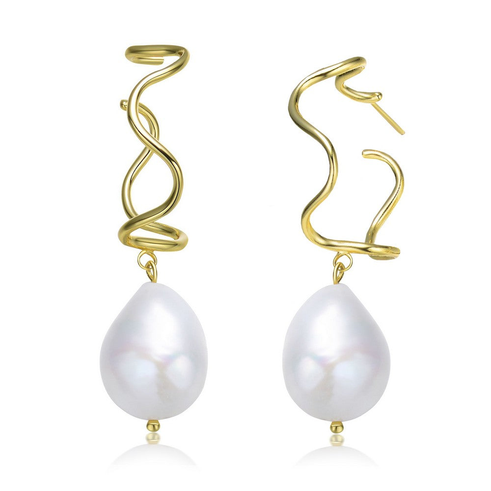 Women’s Gold / White Sterling Silver Gold Plating Freshwater Pearl Curvy Hoop Earrings Genevive Jewelry