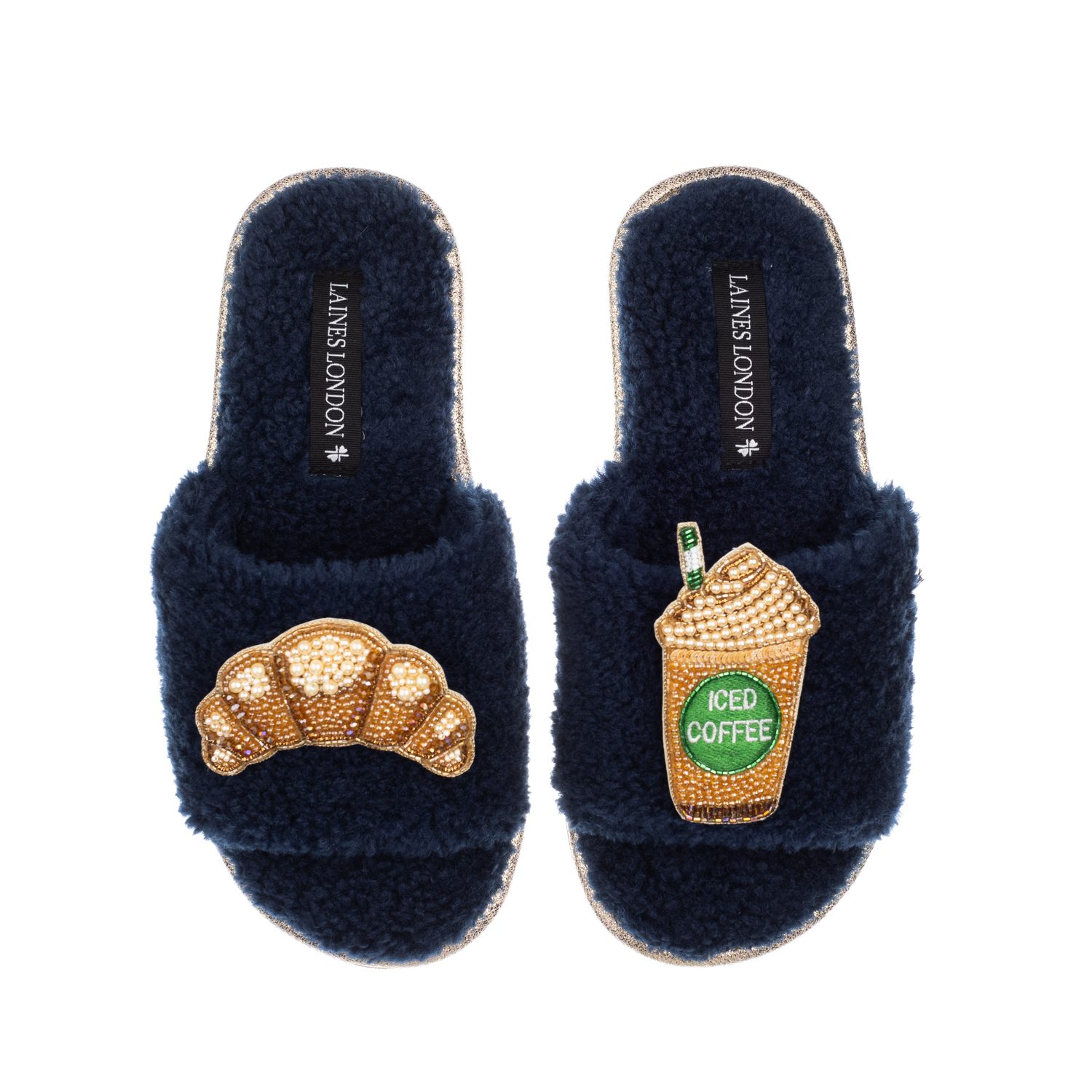 Laines London Women's Blue Teddy Toweling Slipper Sliders With Iced Coffee & Croissant Brooches - Navy In Blue