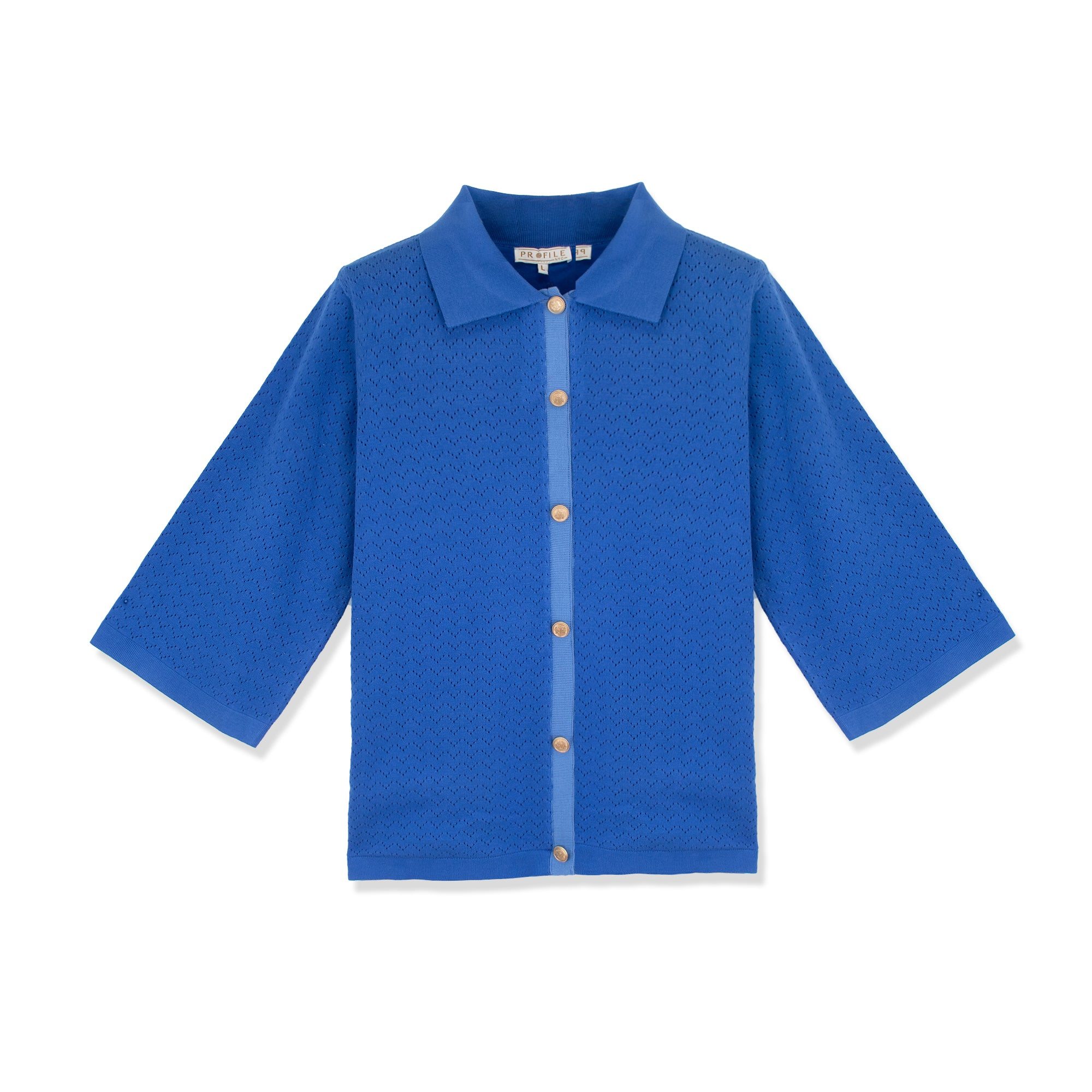 Profile Nyc Women's Blue Eyelet Knit Polo In Blue