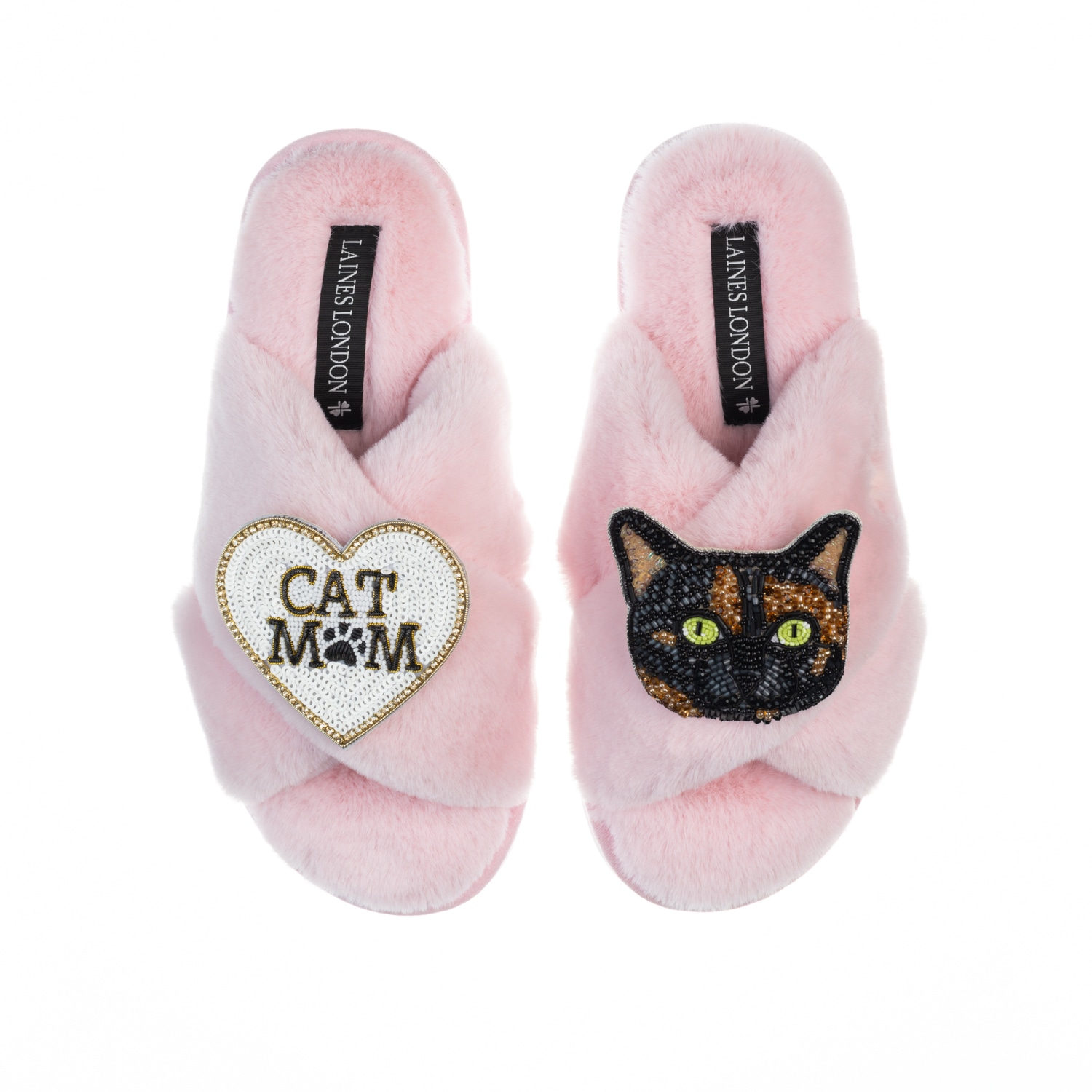 Women's Classic Laines Slippers With Cat Mum/Mom & Misty The Tortoiseshell Cat Brooches - Pink | Small | Laines London