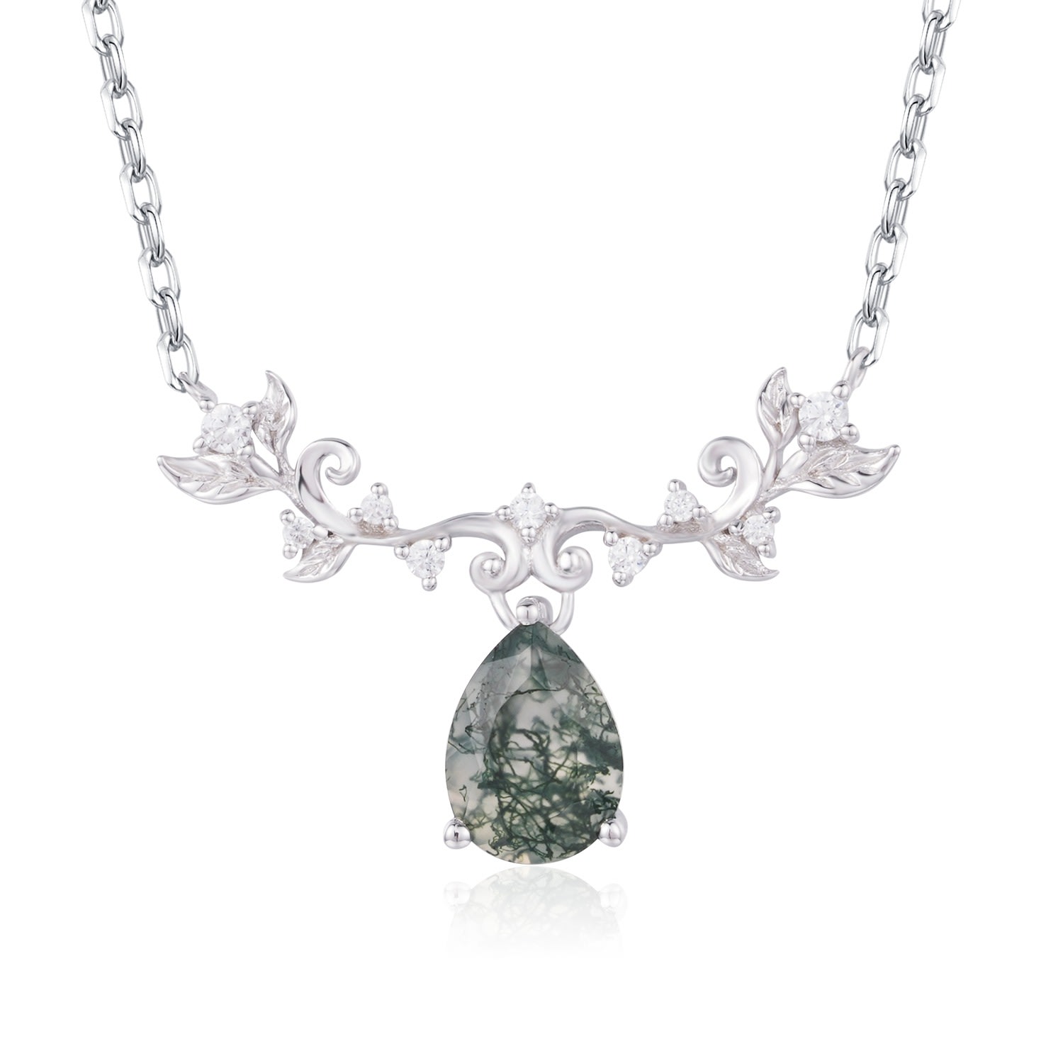 Women’s Silver Foliage Whispers Moss Agate Necklace White Gold Vermeil Azura Jewelry New York