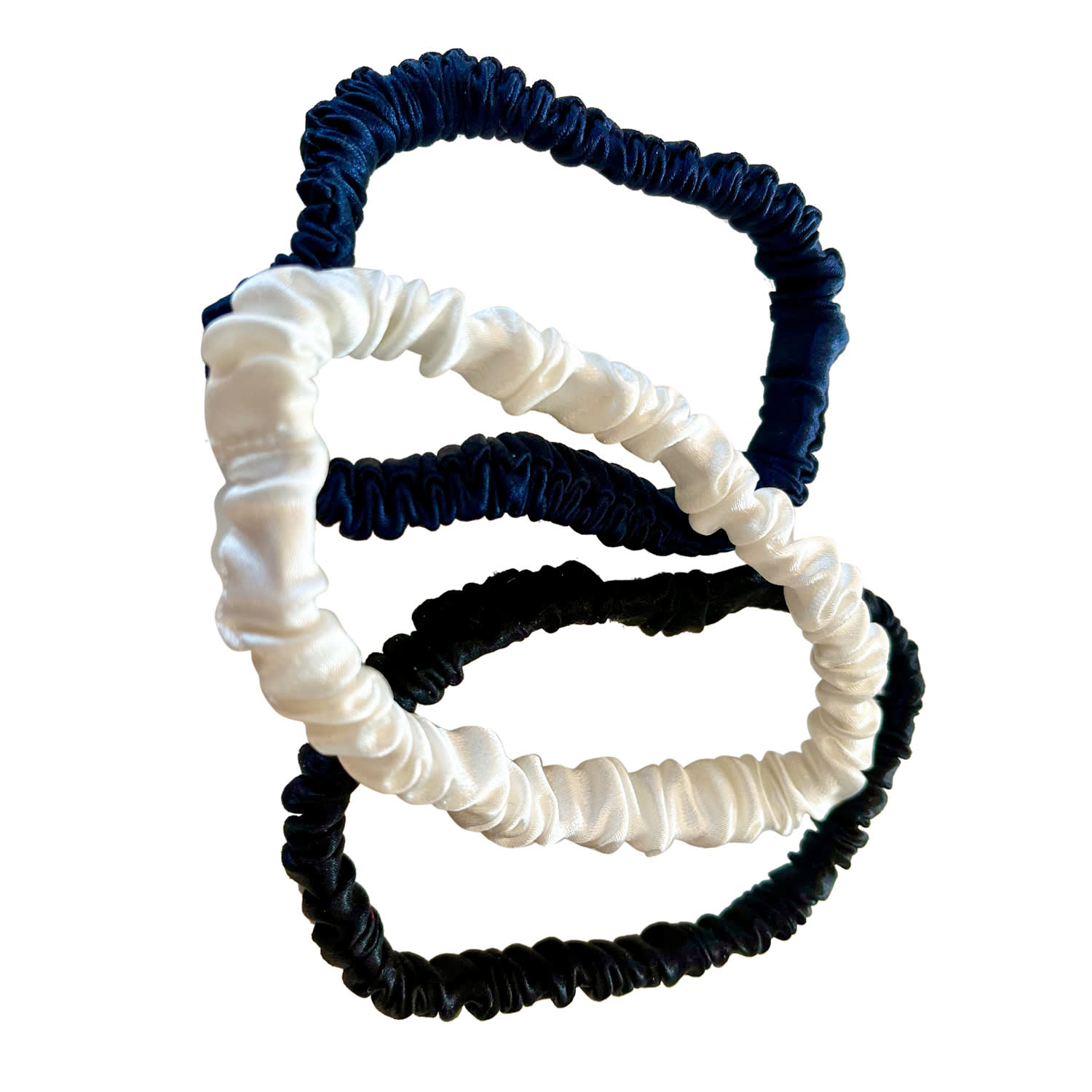 Soft Strokes Silk Women's Blue Set Of Three Pure Mulberry Silk Skinny Scrunchie Weekly Special Hair Ties Everyday Clas In Blue