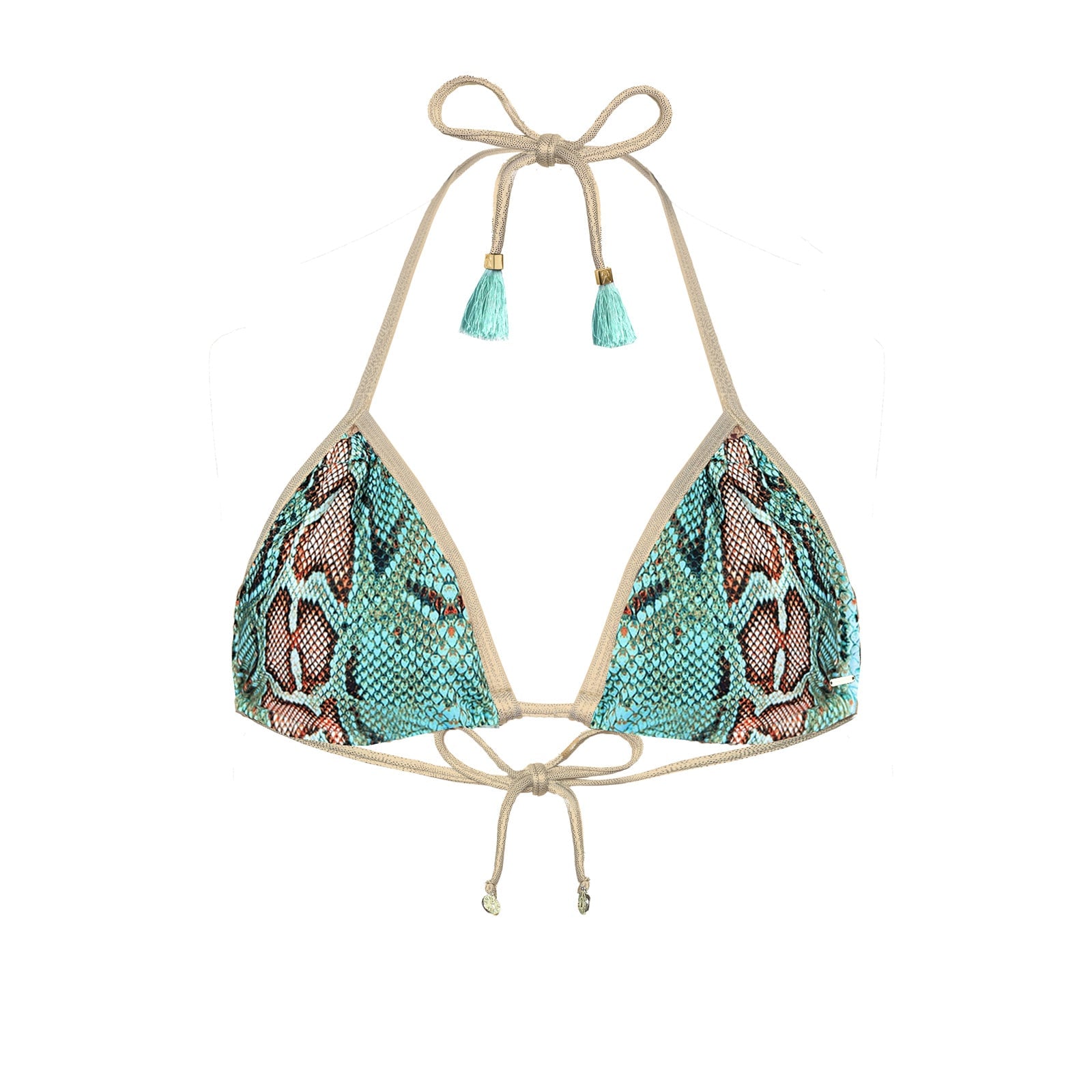 Women's Blue Ibiza Turquoise Snake Print Brazilian Bikini Top With Gold Trim | Small | Deessa Ibiza