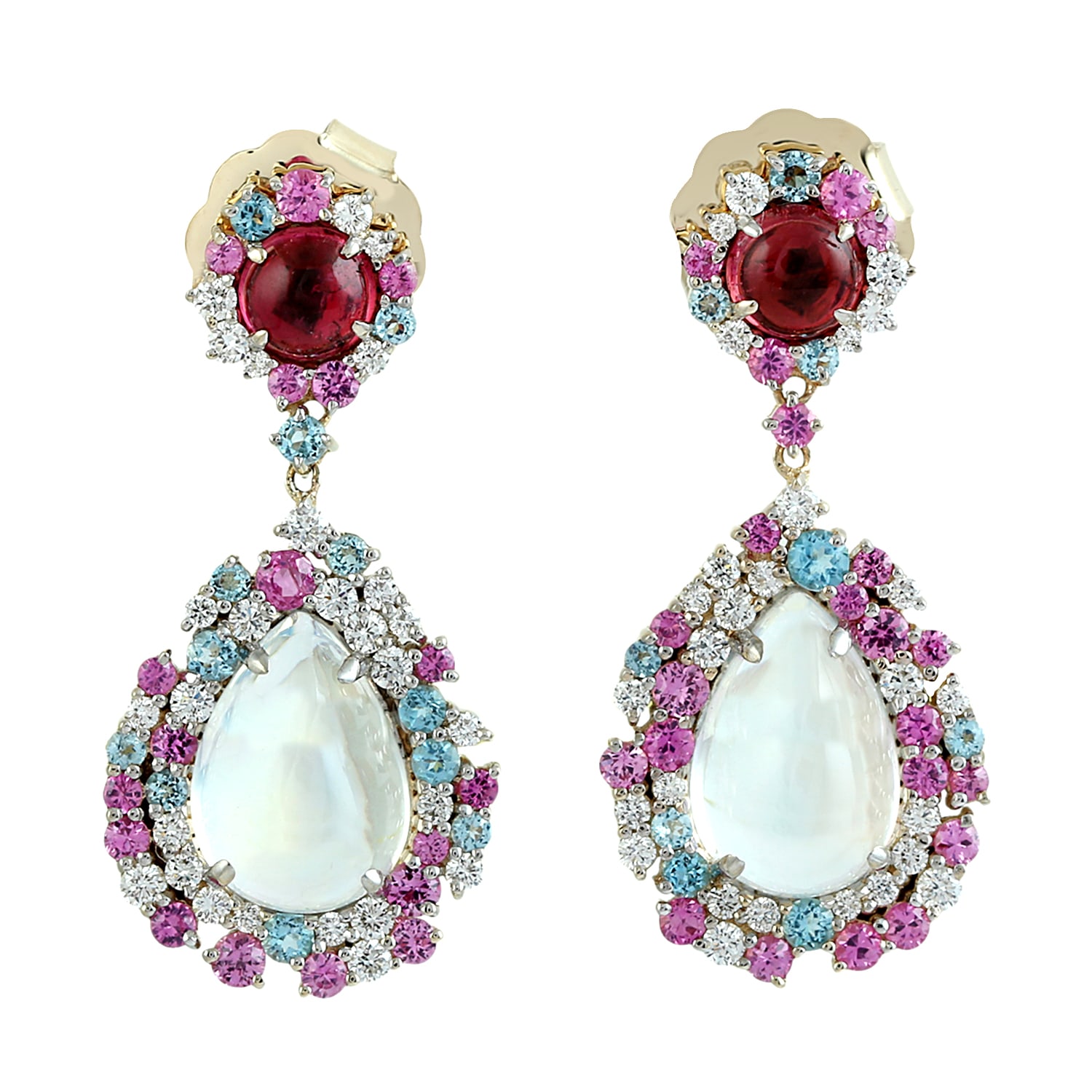 Artisan Women's Moonstone Blue & Sapphire Multi Gemstone Prong Diamond Dangle Earring In Gold
