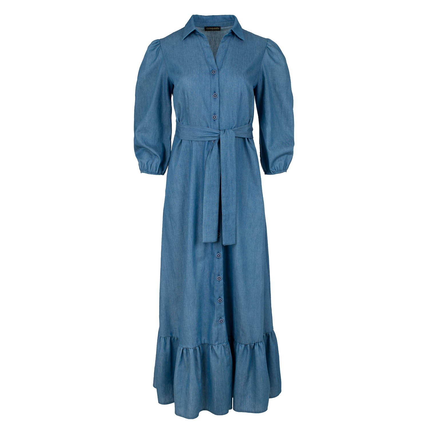Conquista Women's Blue Denim Style Dress With Frill In Blue