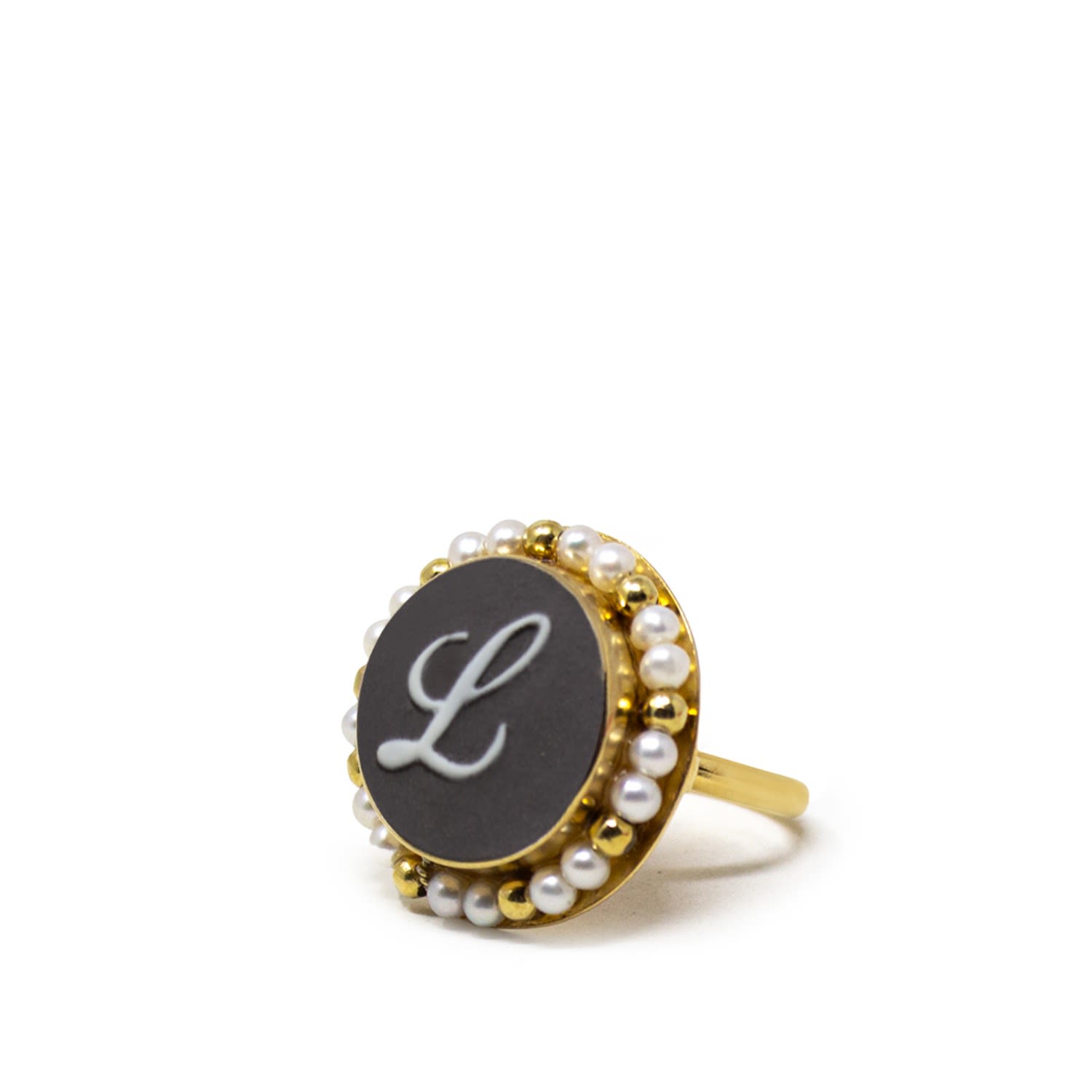 Vintouch Italy Women's Gold / Black Black Initial L Cameo Ring With Pearls In Multi