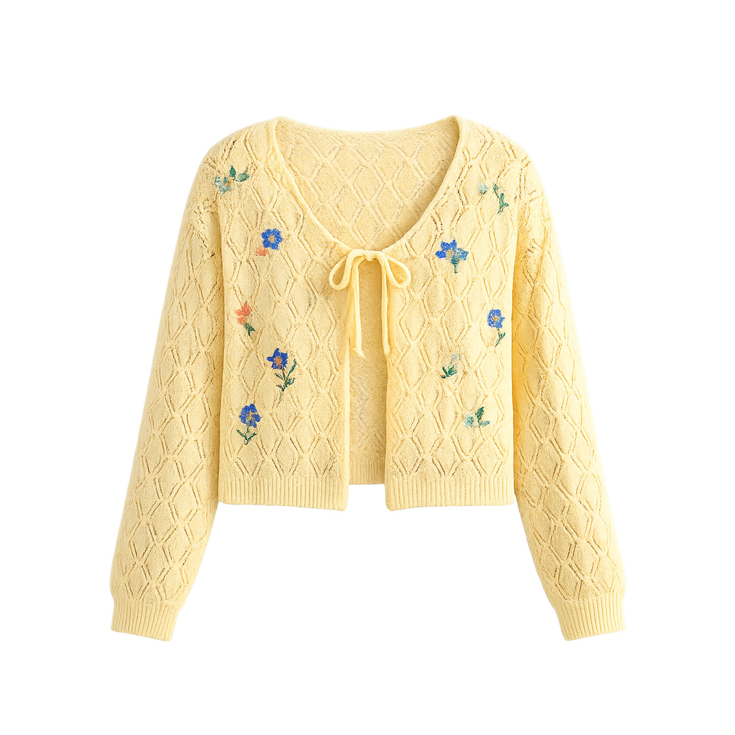 Yumi Women's  Butter Yellow Embroidered Pointelle Cardigan