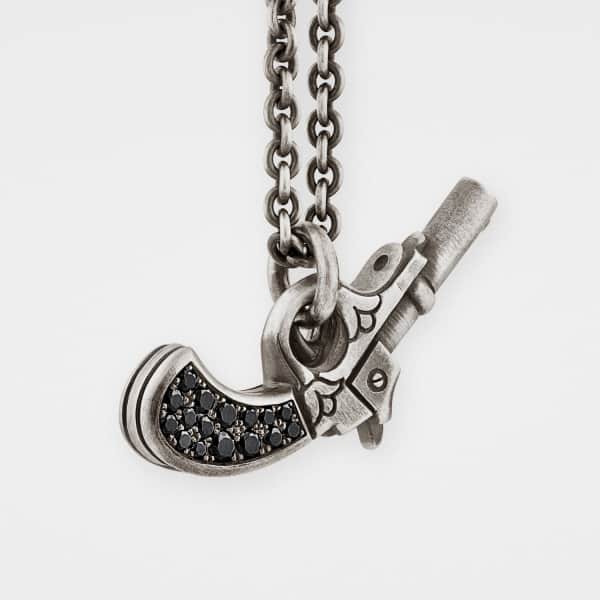 GUCCI MEN'S GUN PENDANT IN STERLING SILVER WITH BLACK DIAMONDS
