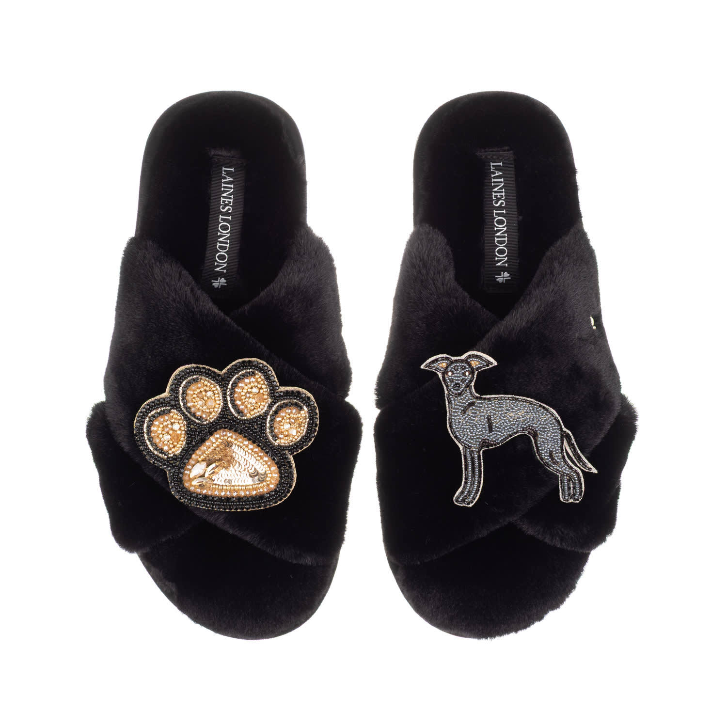 Laines London Women's Classic Laines Slippers With Paw & Blue Italian Greyhound Brooches - Black