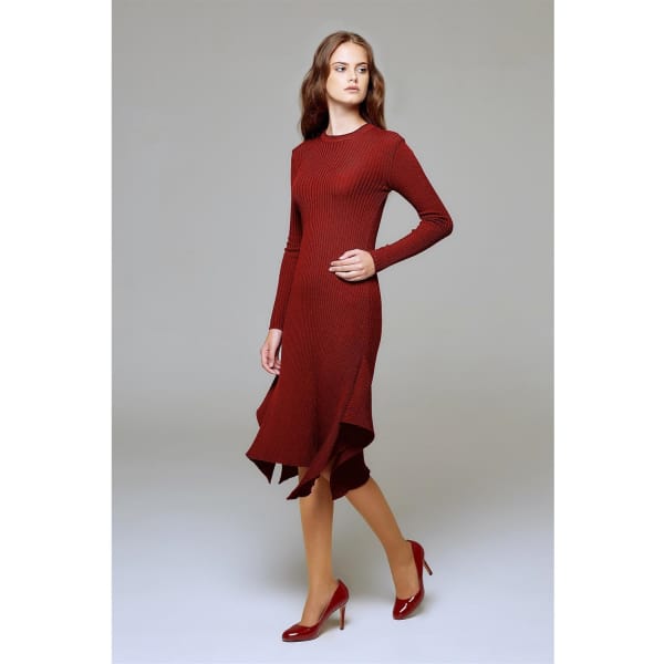 Rumour London Alexa Asymmetric Ribbed Wool Midi Dress In Burgundy In Midi
