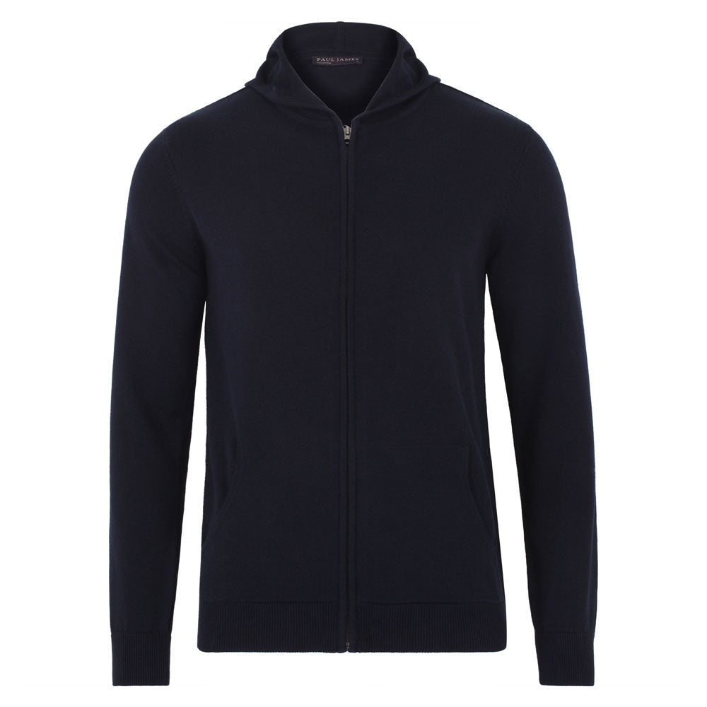 Blue Mens Lightweight Cotton Zip Through Knitted Jackson Hoodie - Navy Extra Large Paul James Knitwear