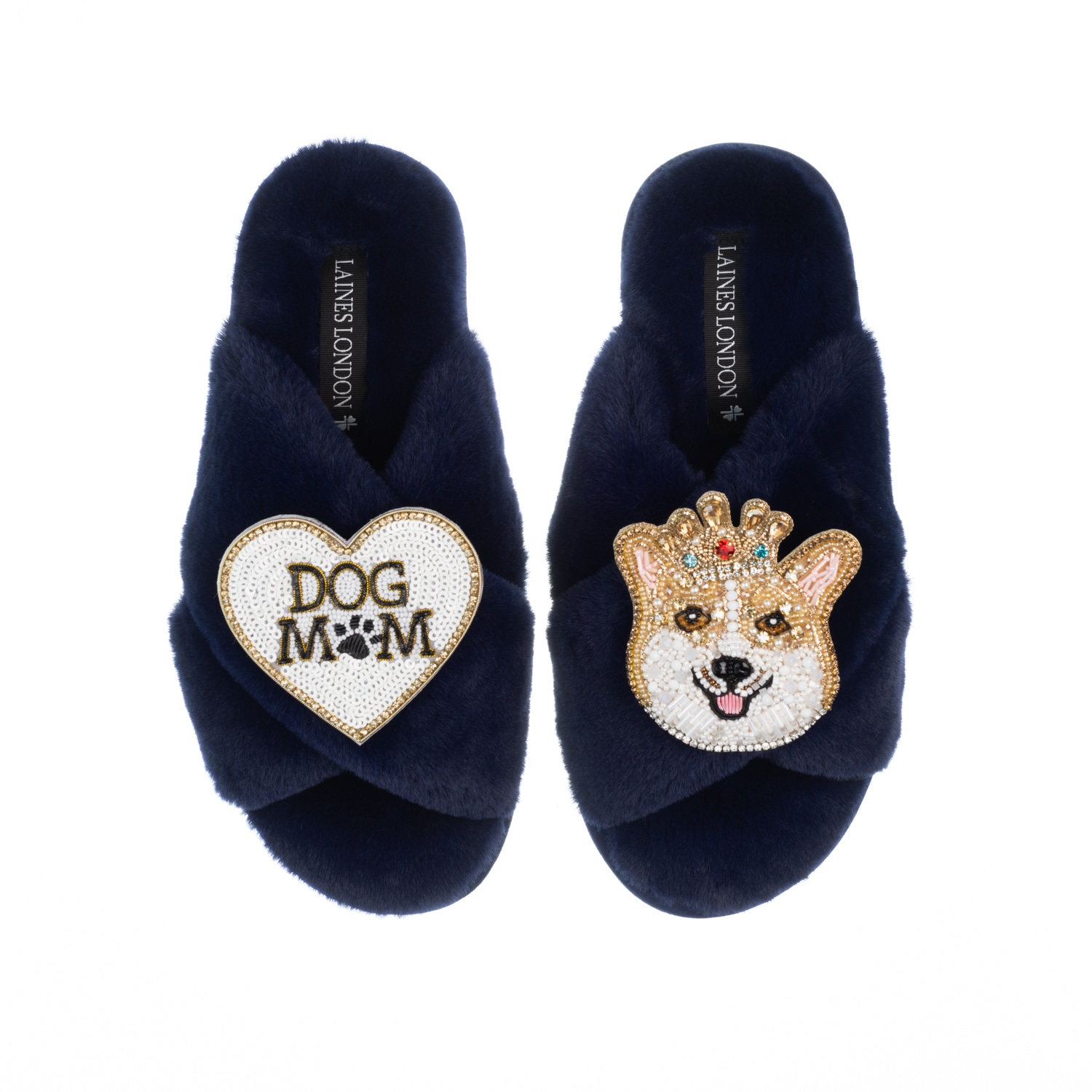 Women’s Blue Classic Laines Slippers With Royal Corgi & Dog Mum / Mom Brooches - Navy Extra Large Laines London