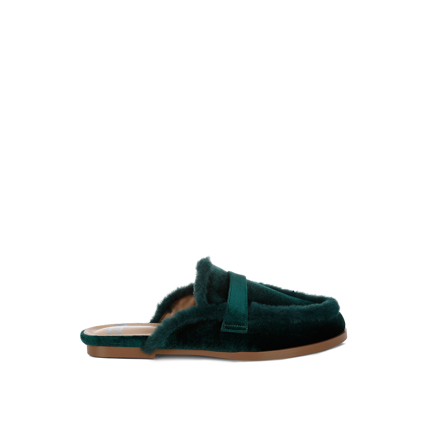 Rag & Co Women's Seyhan Fur Detail Velvet Slip-on Mules In Bottel Green In Green