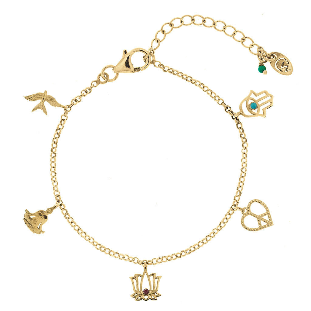 Women’s Peace, Love And Freedom Charm Bracelet - Gold Vermeil Charlotte’s Web Jewellery