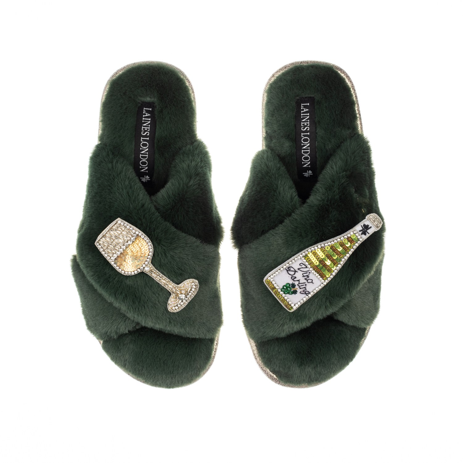 Laines London Women's Classic Laines Slippers With Vino Darling Brooches - Limited Edition Green In Green