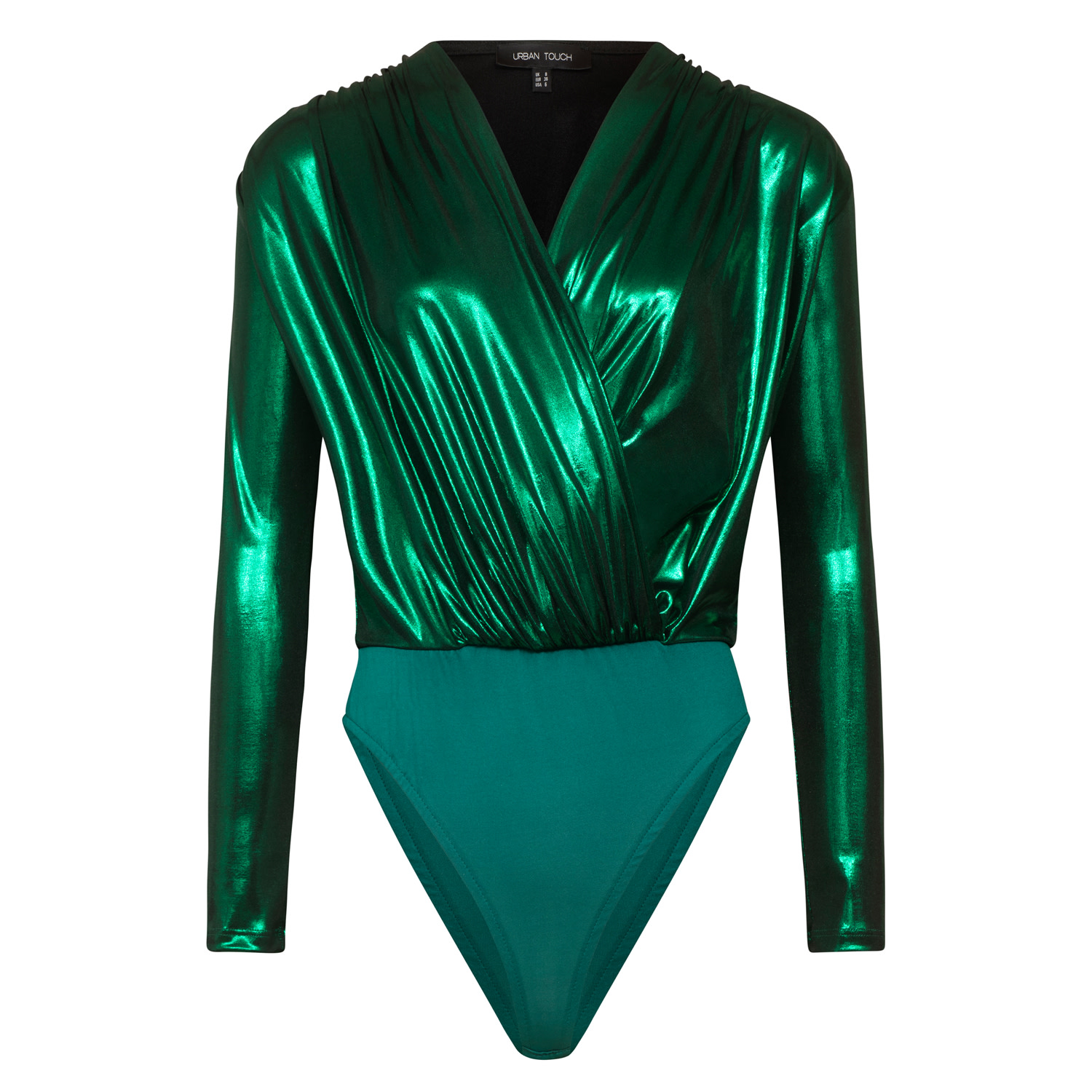 URBAN TOUCH WOMEN'S PREMIUM JERSEY METALLIC WRAP BODYSUIT GREEN