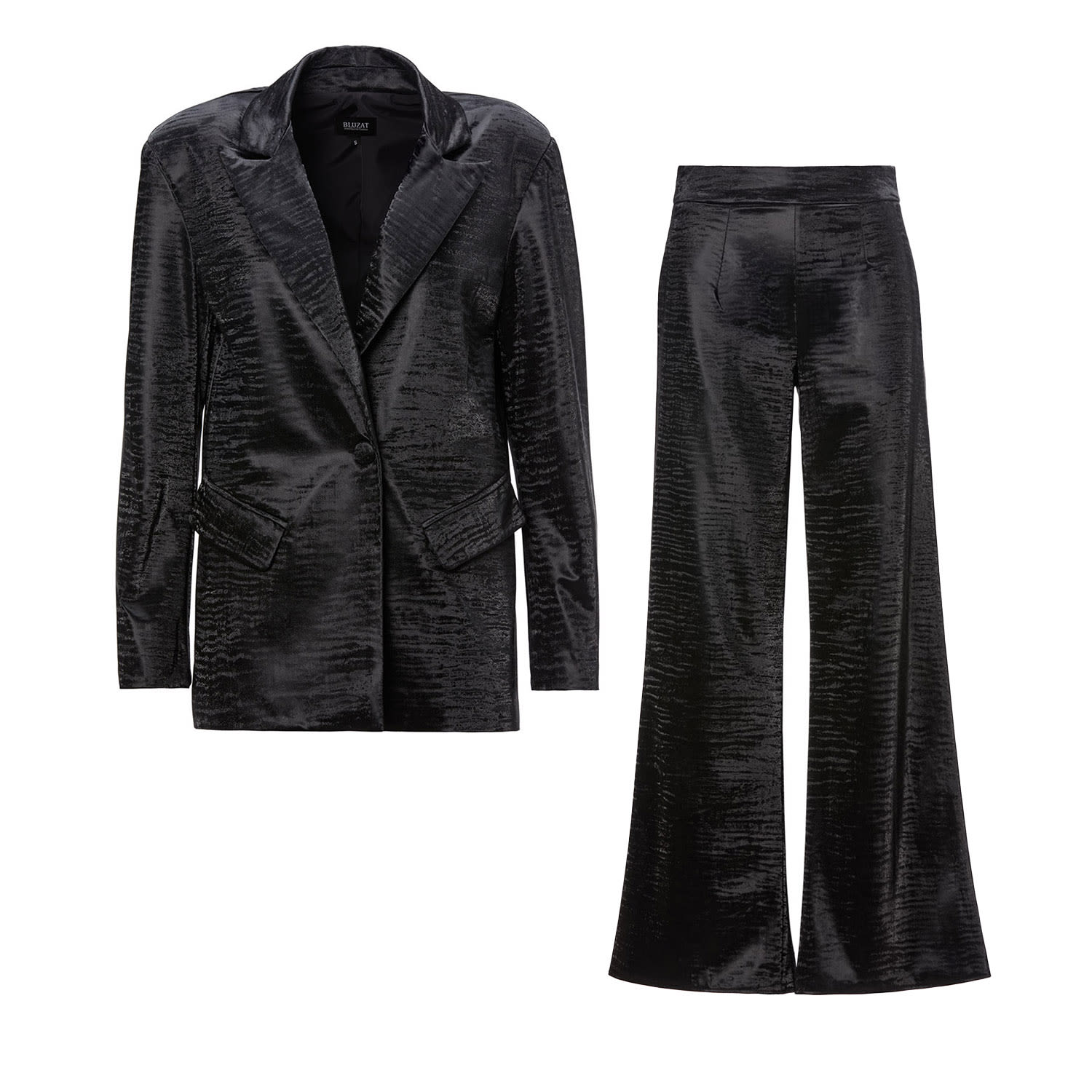 Print Black Leather Suit With Regular Blazer And Straight-Cut Trousers Medium Bluzat