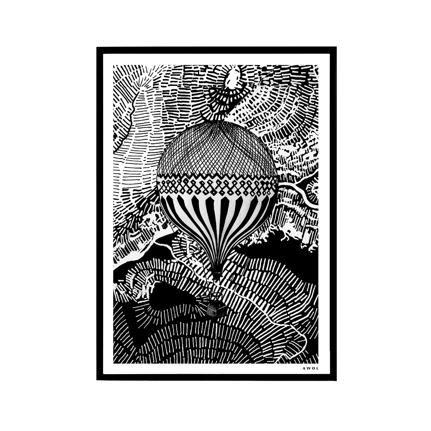 Black / White The Dreamer Art Print: Hot Air Balloon Adventures In The Sky Awol