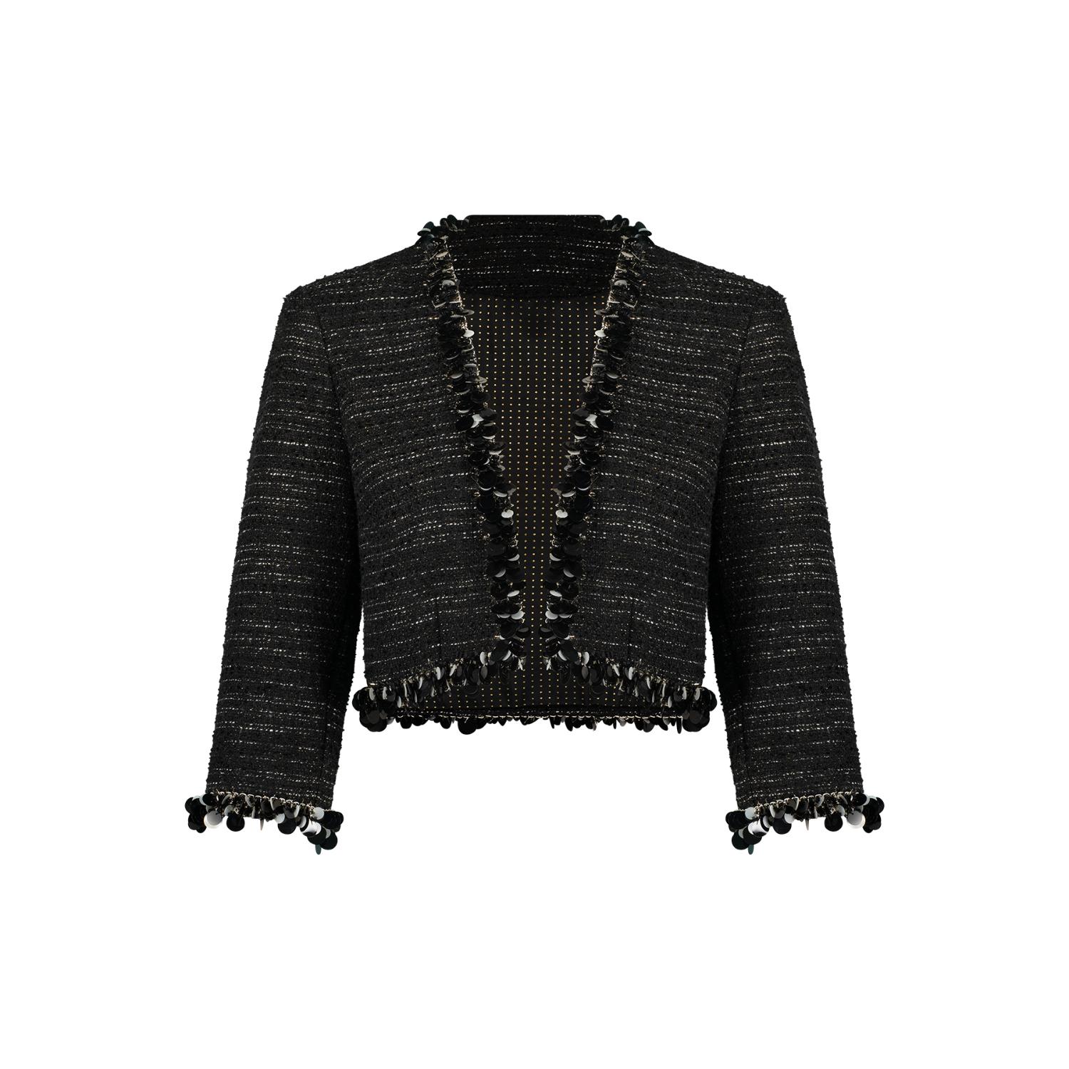 Azzalia Women's Tweed With Metallic Threads Cropped Blazer With Embellished Trimmings-black In Black