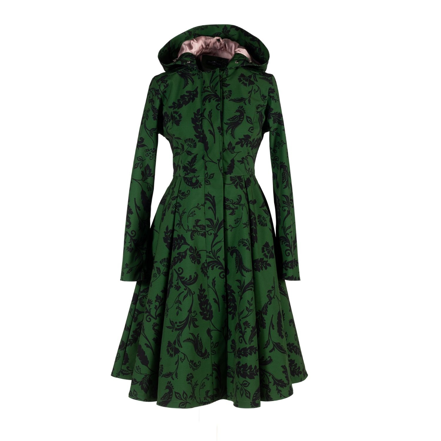 Dark Green Hooded Waterproof Coat For Women: Forest Flower