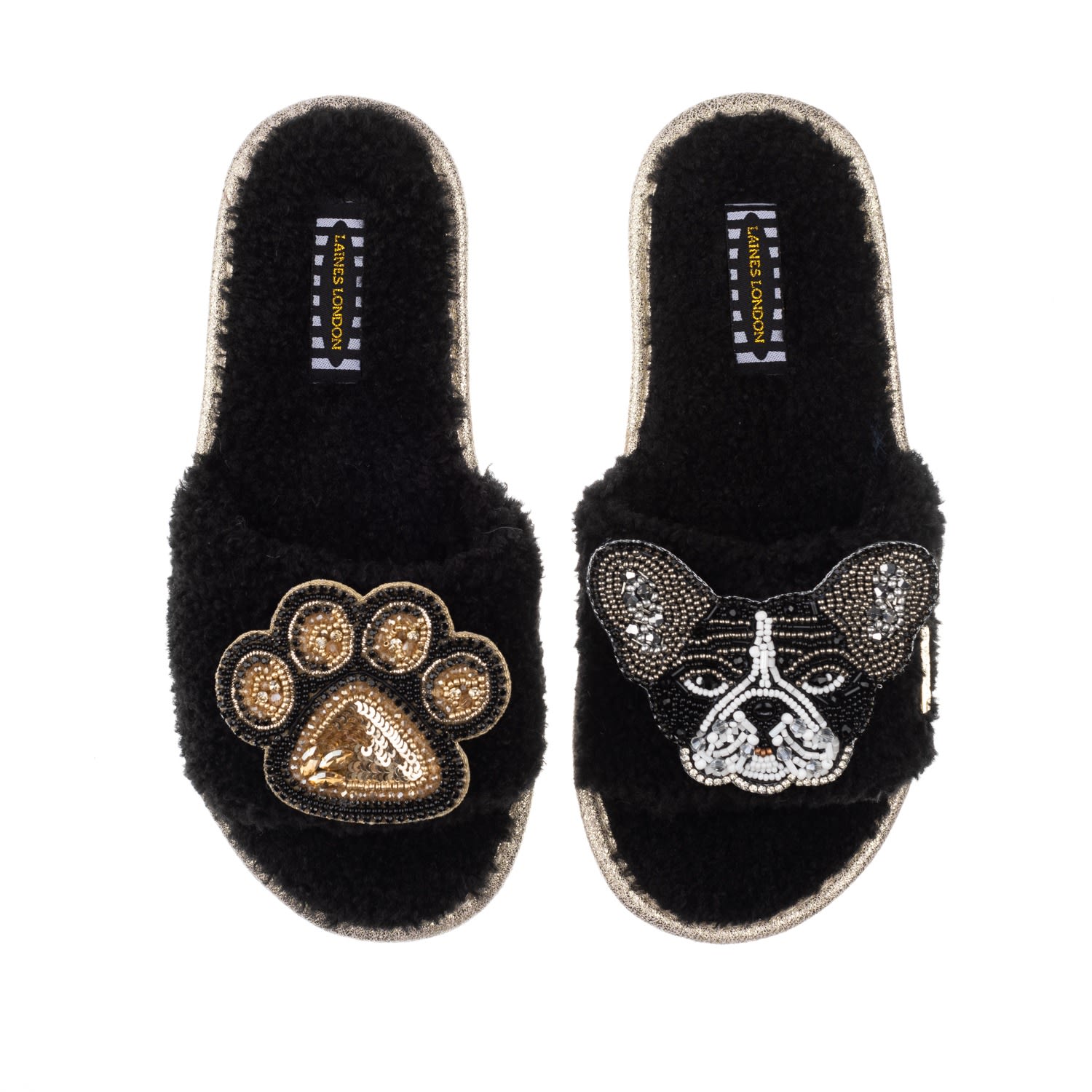 Laines London Women's Teddy Towelling Slipper Sliders With Coco & Paw Brooch - Black